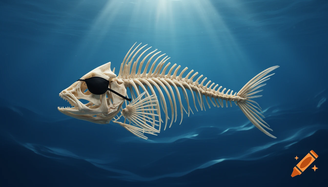 A photorealistic fish skeleton with a black pirate eye patch swims in a deep blue ocean with light rays filtering from above.