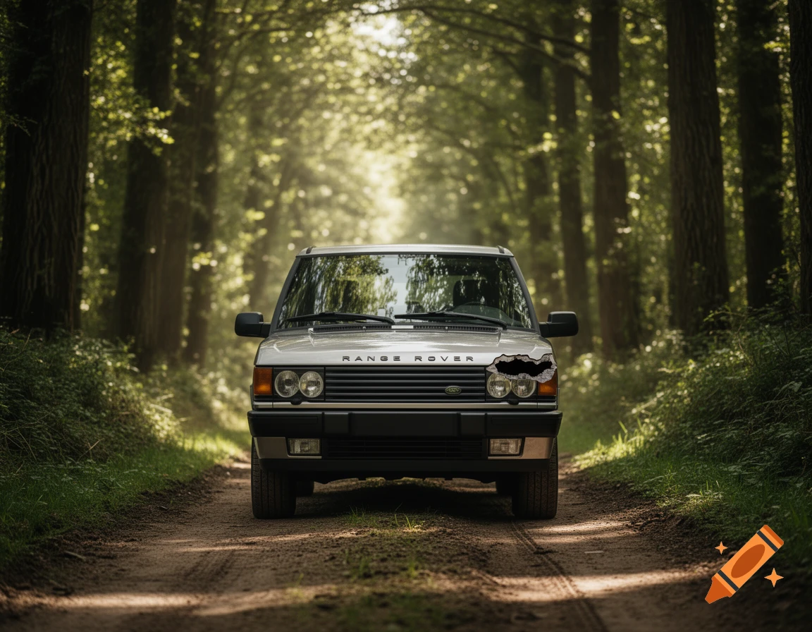 A silver Range Rover SUV with a bite-mark shaped damage on its front, parked on a dirt road in a sunlit forest.