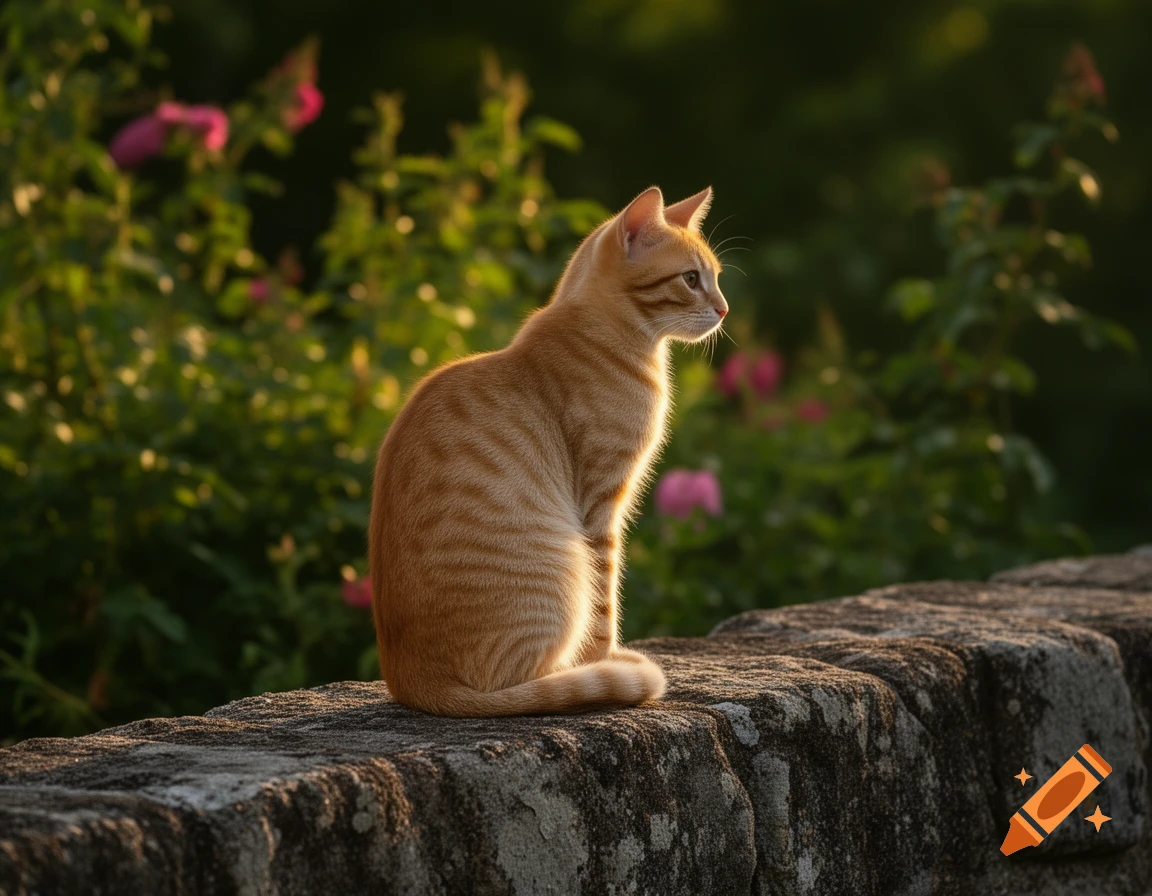 An orange tabby cat sits on a stone wall, bathed in golden sunlight, with a blurred green garden and pink flowers in the background.