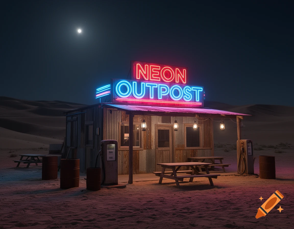 A rustic shack with a bright neon sign reading "NEON OUTPOST" in a vast desert landscape at night, under a full moon.