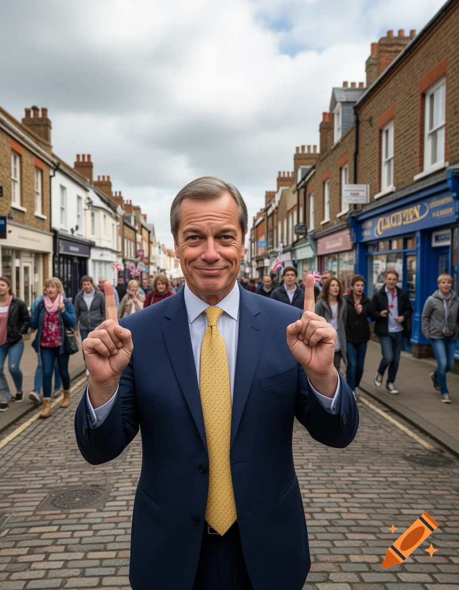Nigel Farage in a suit and yellow tie stands in a cobblestone street, smiling and holding both index fingers up. People mill in the background.