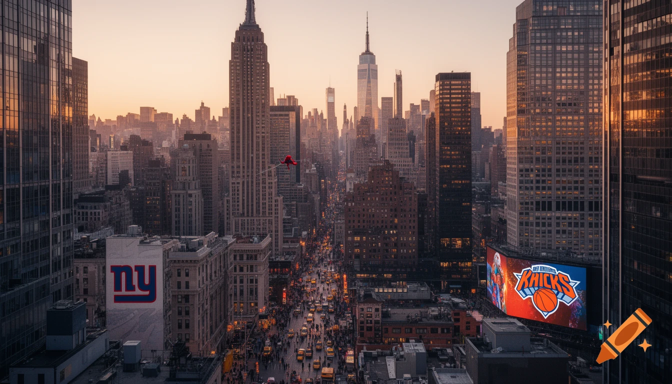 Photorealistic aerial view of a New York City cityscape at sunset, featuring skyscrapers, busy streets, NY Giants and Knicks logos, and Spider-Man swinging.