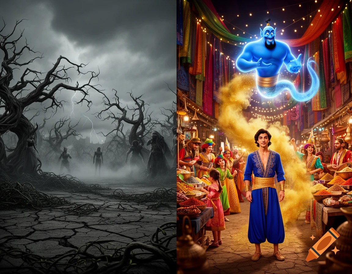 A split image with a dark fantasy scene on the left, featuring gnarled trees, lightning, and shadowy figures. The right side shows a vibrant Aladdin-themed market with the Genie floating above and Aladdin standing in front.