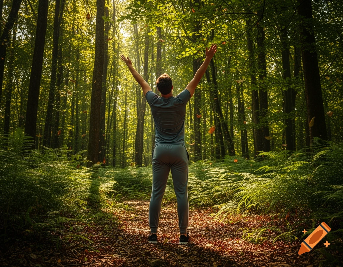 A person stands in a sun-dappled forest, arms raised in a stretch, viewed from behind, with leaves falling.