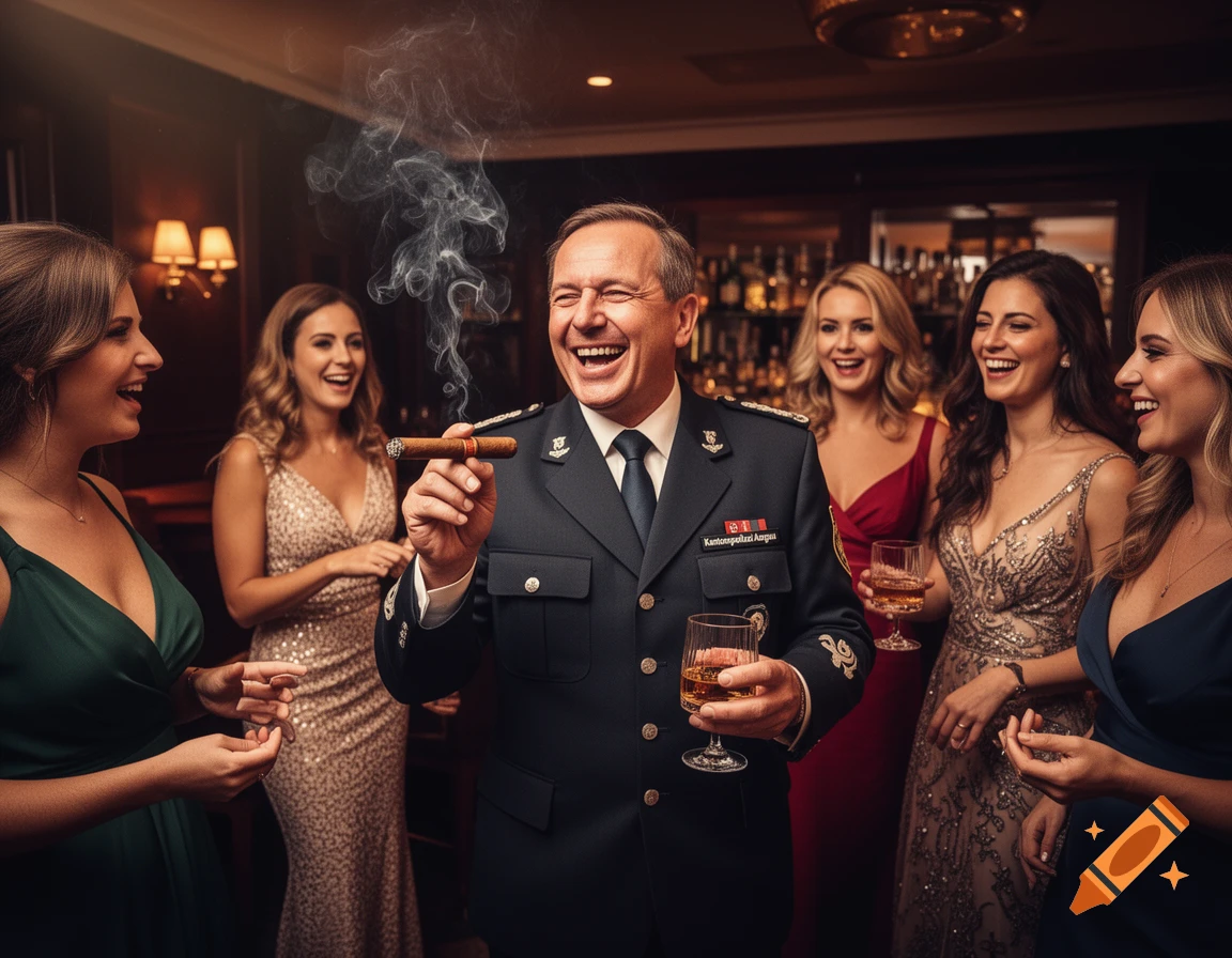 Laughing man in a police uniform with a cigar and whiskey, surrounded by four smiling women in a bar, photorealistic.