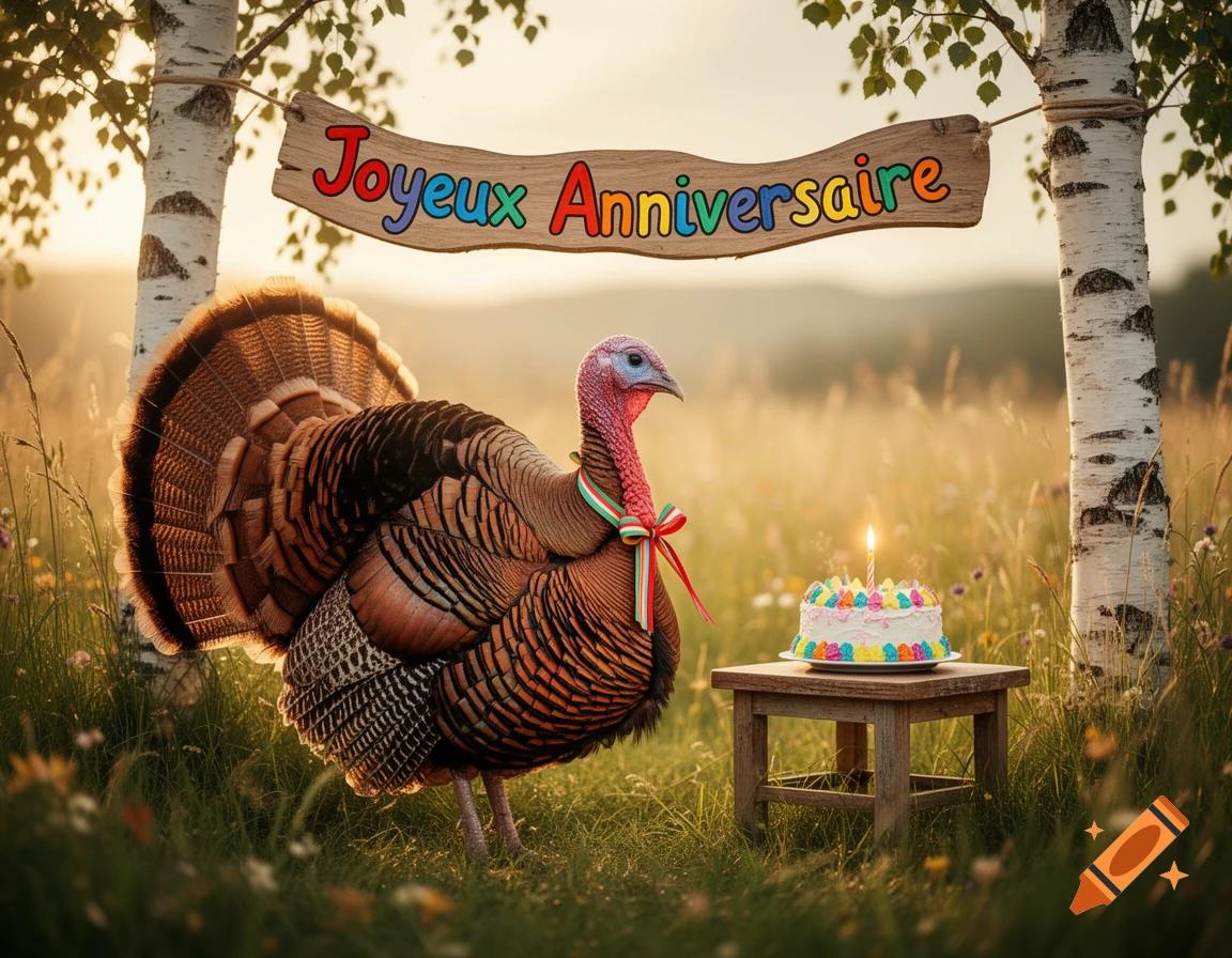 A turkey wearing a bow tie stands next to a small wooden table with a birthday cake, under a "Joyeux Anniversaire" sign in a sunny field.
