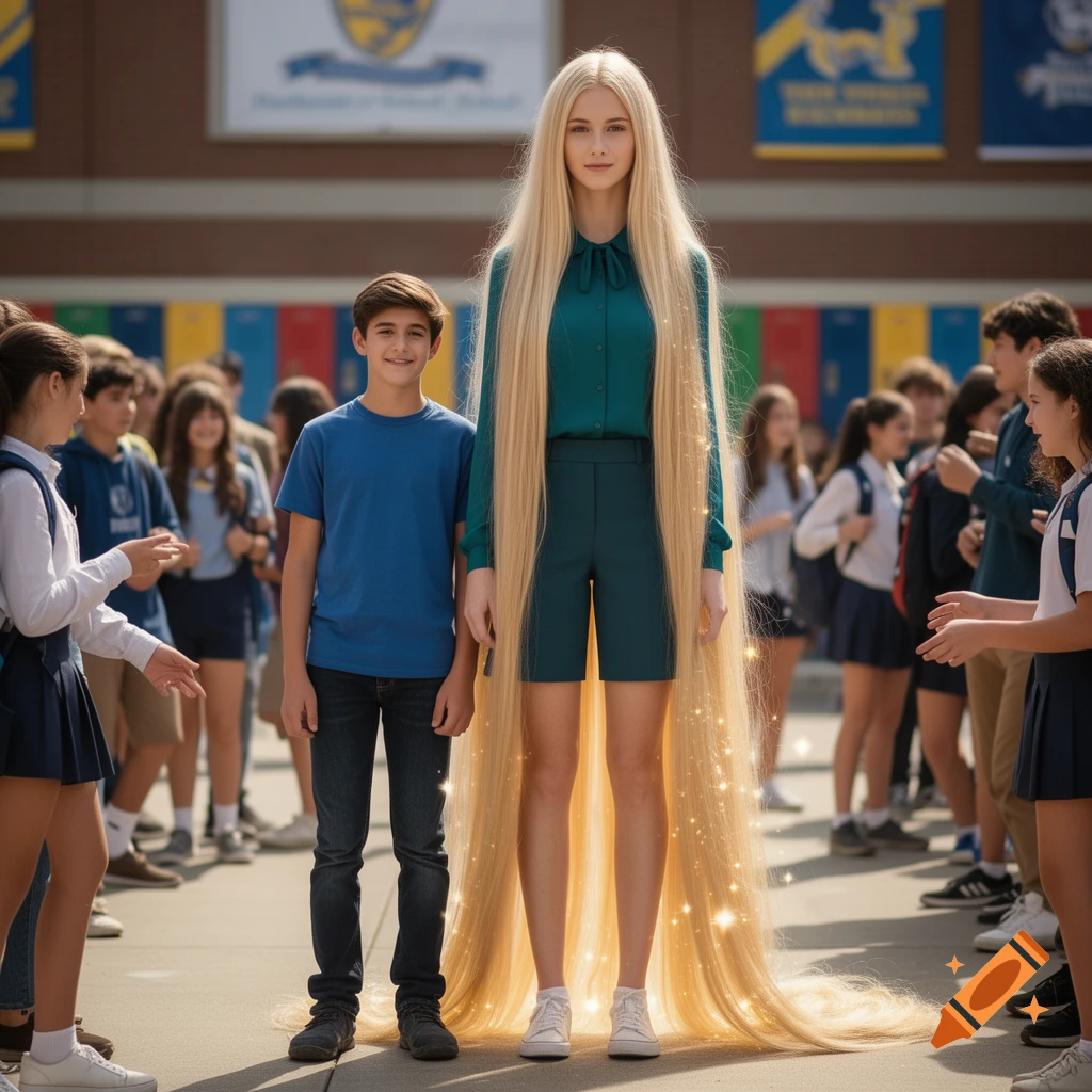 A super tall blonde girl with extremely long, glowing hair stands beside a boy at school, surrounded by other students.