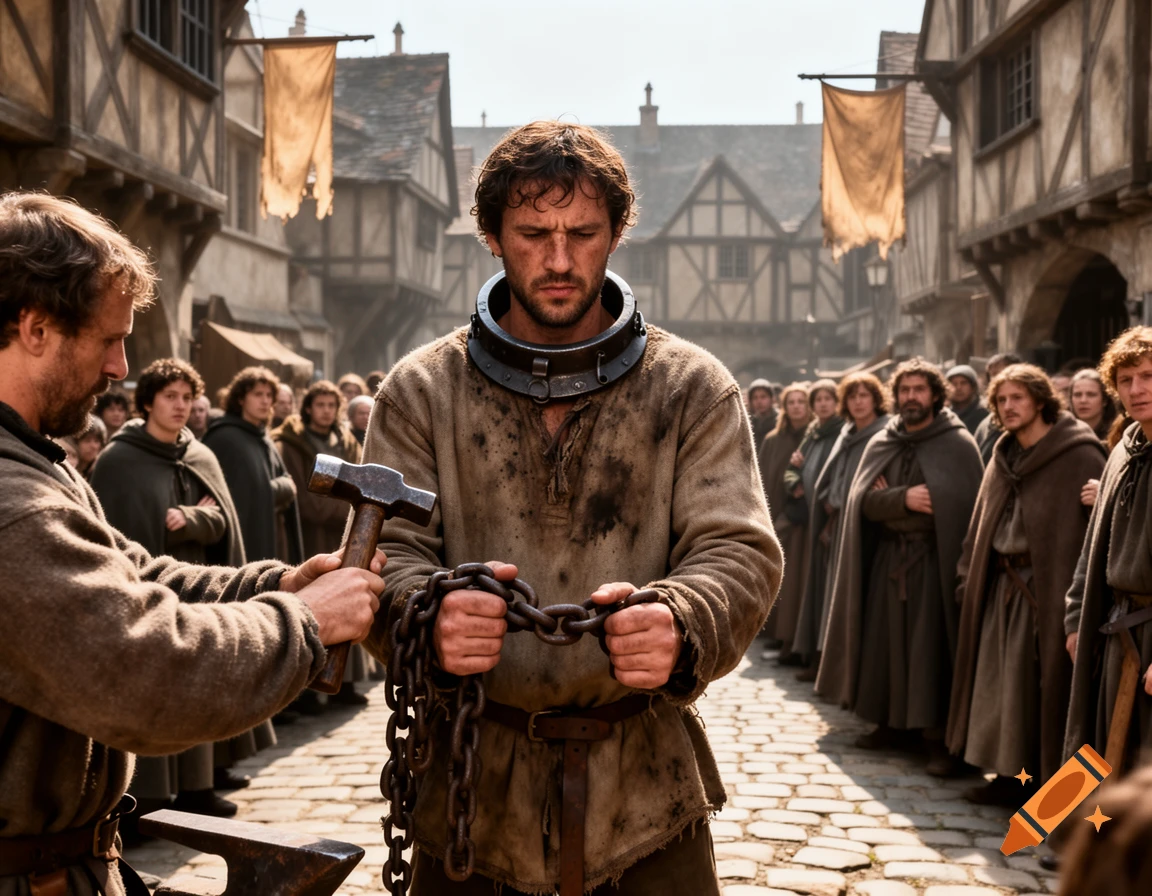 A photorealistic image of a prisoner in heavy chains and a neck iron being publicly forged by another man in a medieval town square, watched by a crowd.