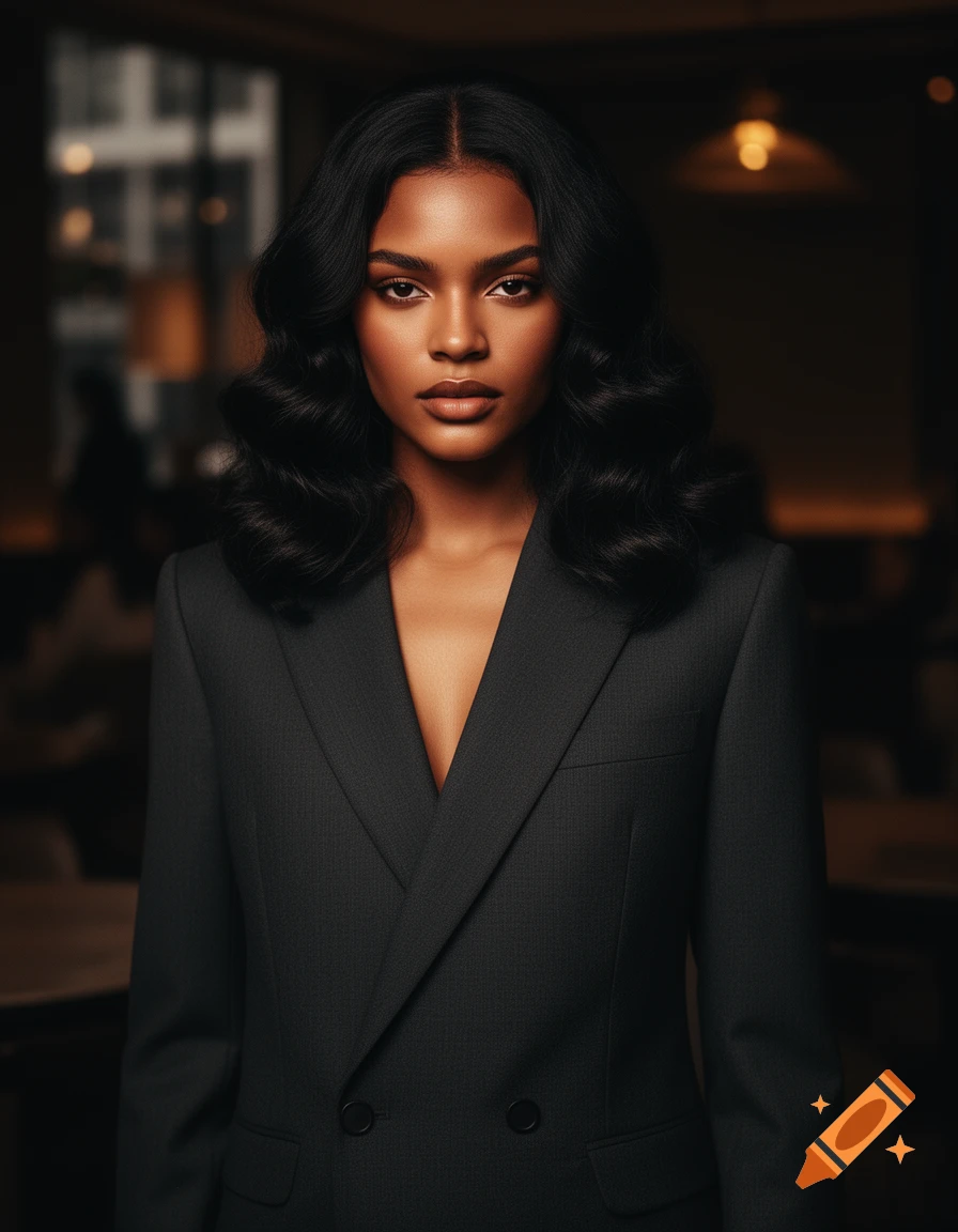 A photorealistic portrait of a person with dark hair and deep skin tone, wearing a dark double-breasted blazer.
