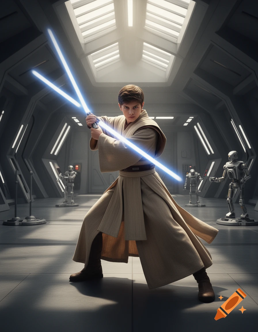 A young Jedi student wields two blue lightsabers in a fighting pose inside a futuristic corridor with robots in the background, photorealistic.