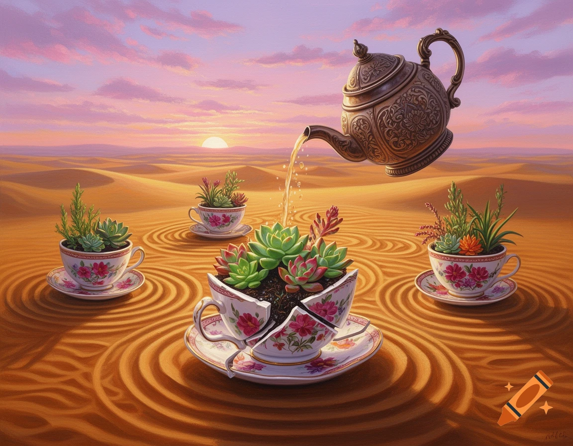Surreal desert sunset: a floating teapot pours into a broken teacup succulent planter, surrounded by teacups on spiral sand.