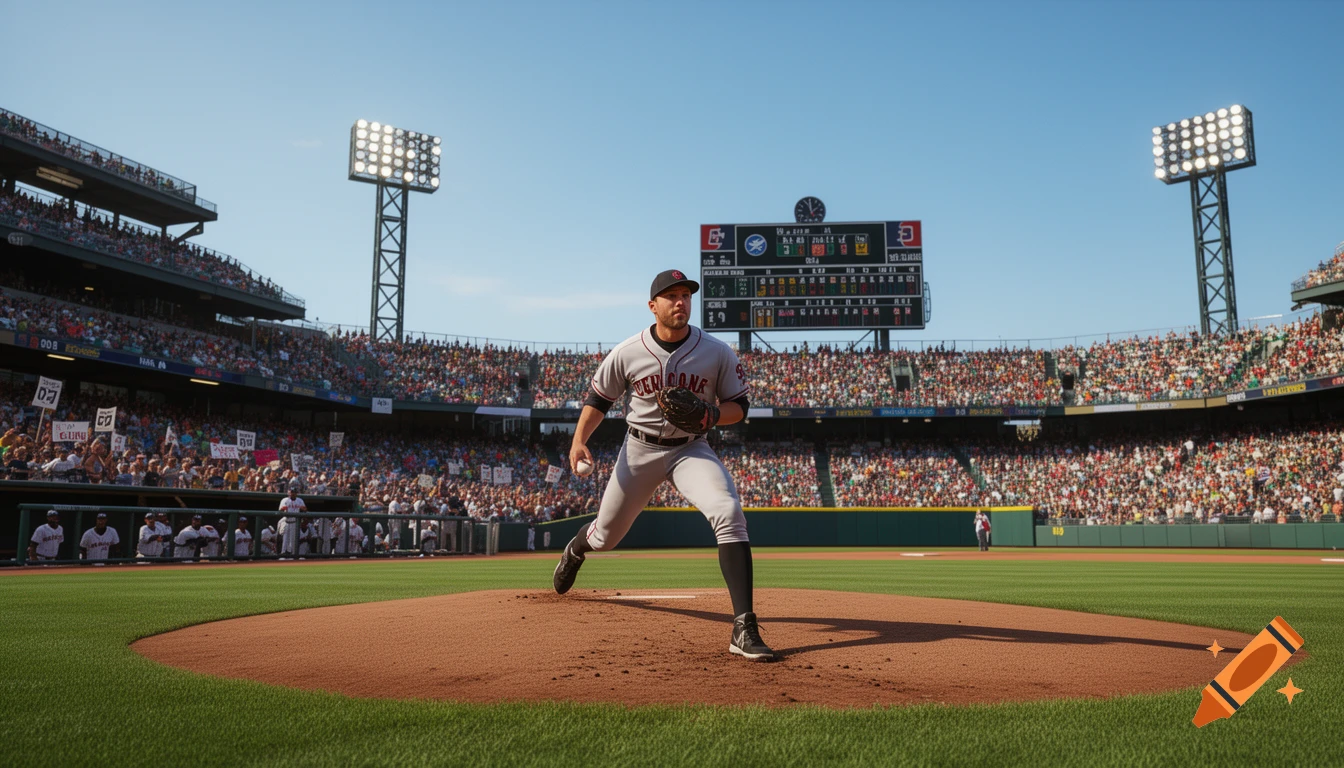 A photorealistic baseball pitcher mid-throw on the mound in a crowded stadium on a sunny day.