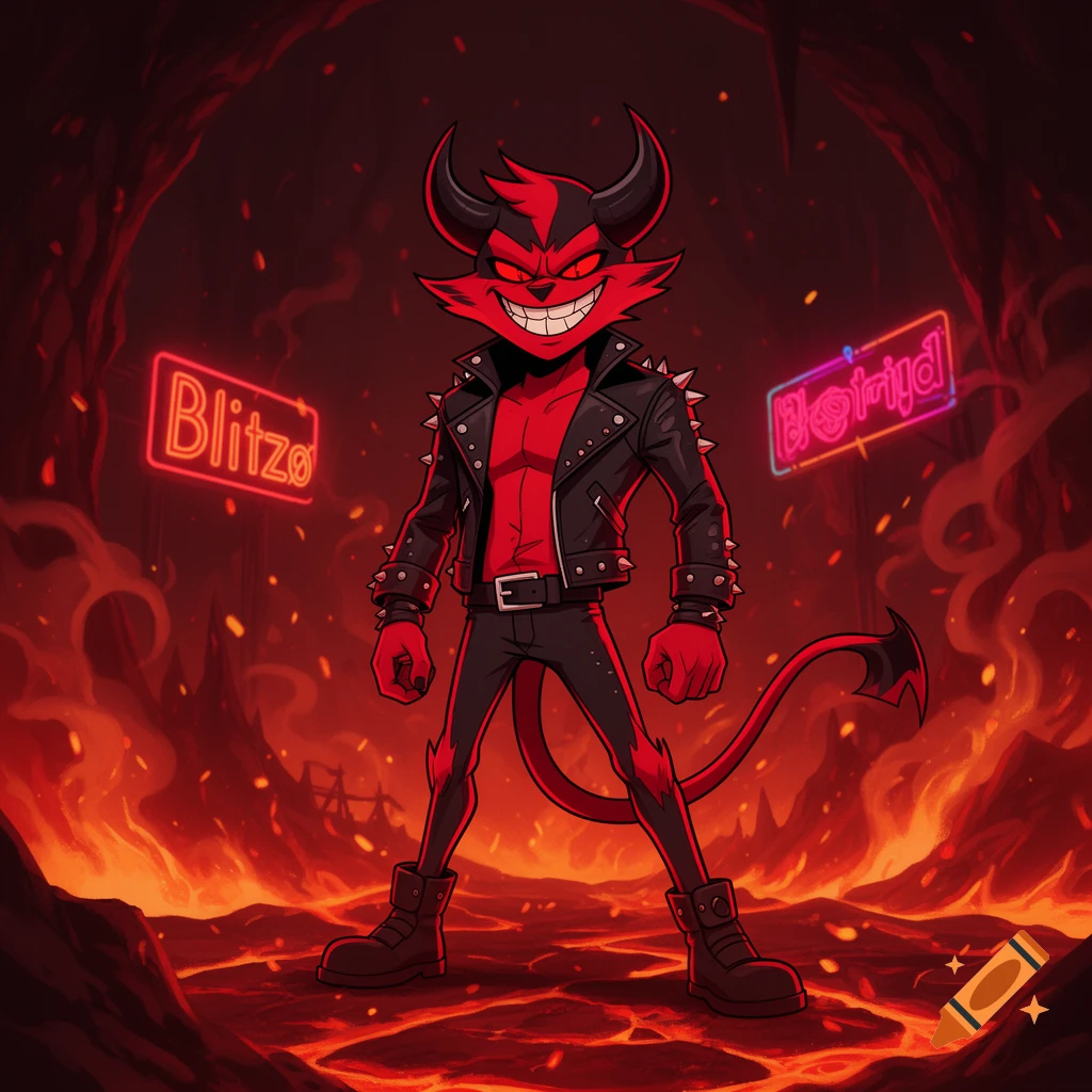 A cartoon red devil-like character with horns and a tail, wearing a studded leather jacket and black pants, stands confidently in a fiery hellscape with neon signs.