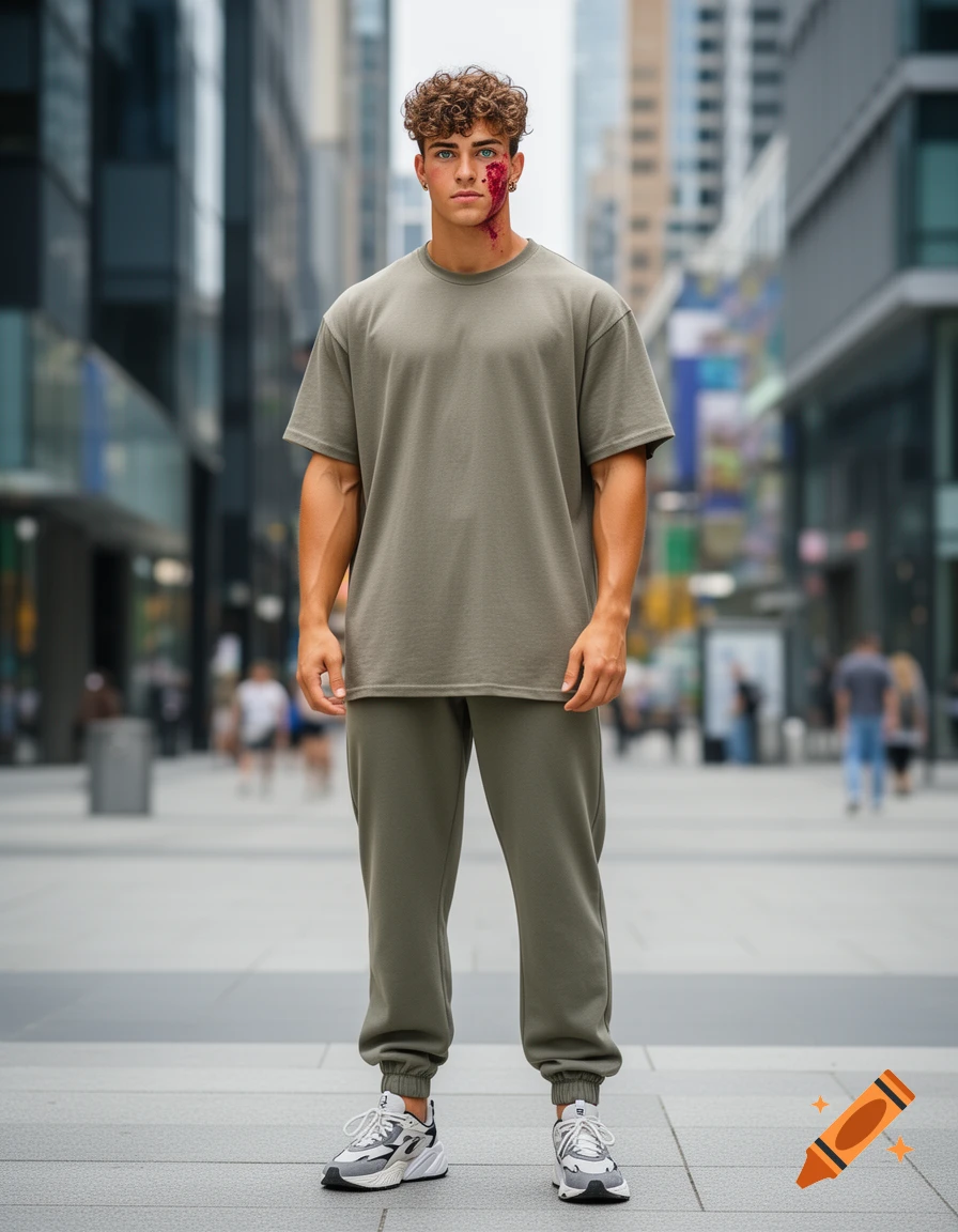 A photorealistic full-body portrait of a young man with curly brown hair and blue-green eyes, wearing a sage green t-shirt and joggers, standing in a modern city street. He has a red mark resembling a wound on his right cheek.
