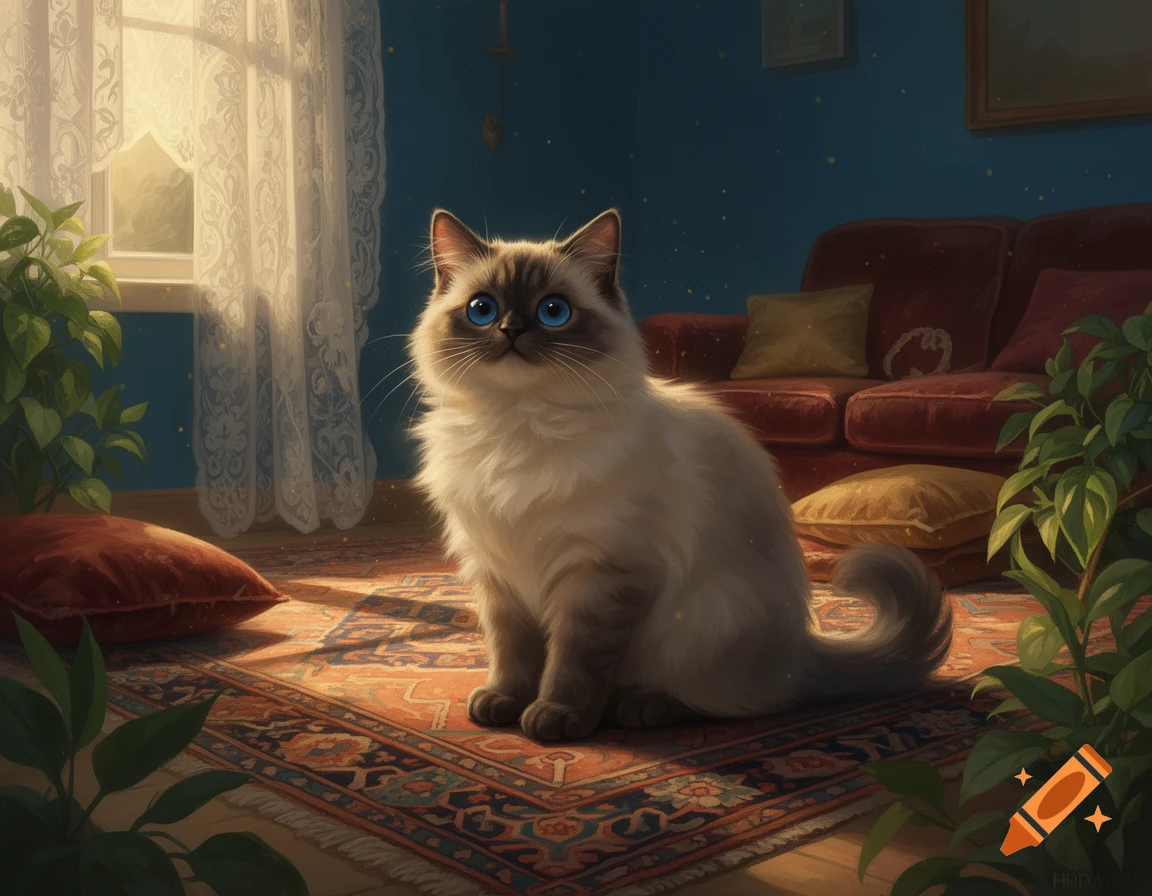 A fluffy, light-colored cat with bright blue eyes sits on an ornate rug in a sunlit room.