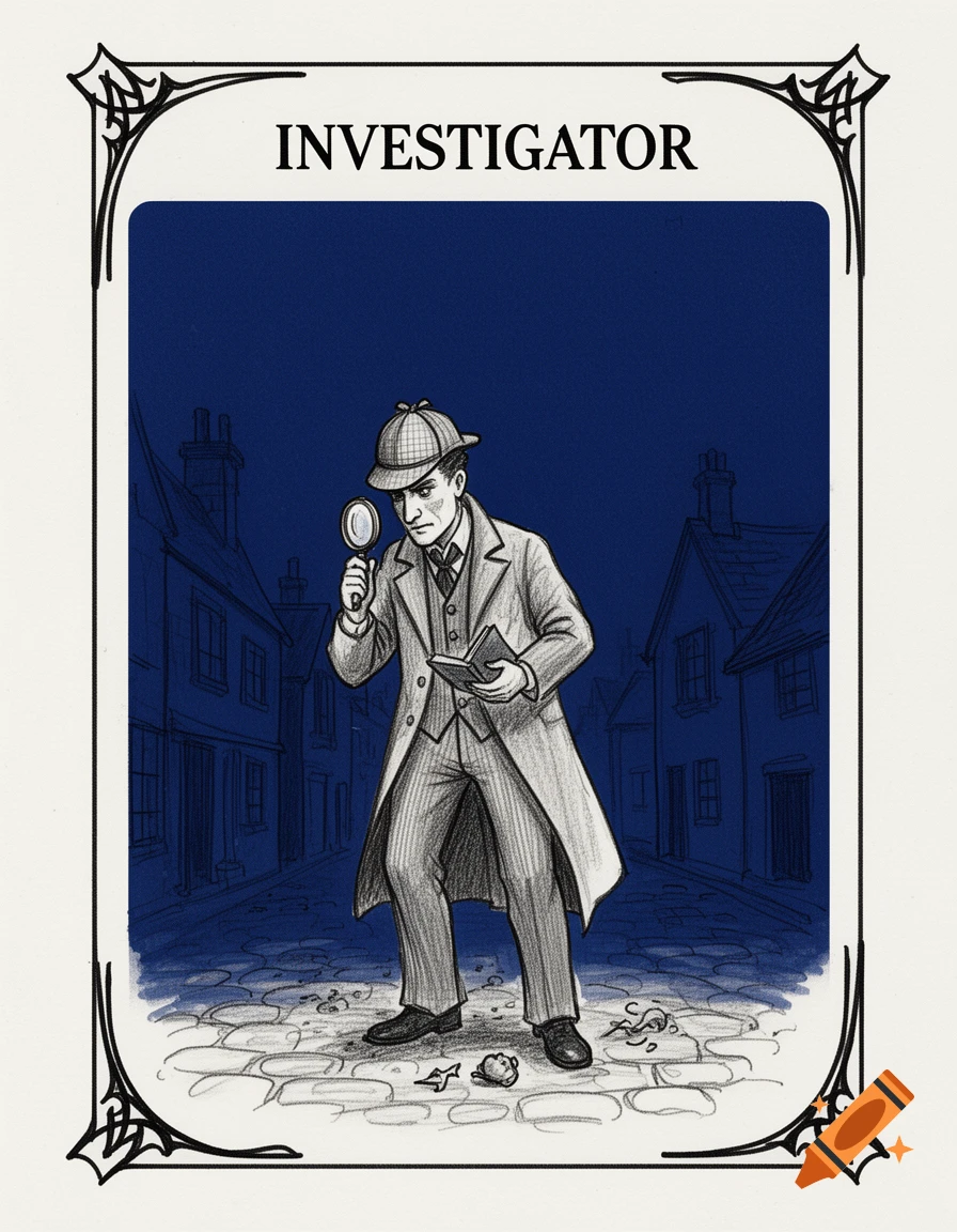 Hand-drawn sketch of a Victorian detective on a dark street, holding a magnifying glass and notebook, with 'INVESTIGATOR' at the top.