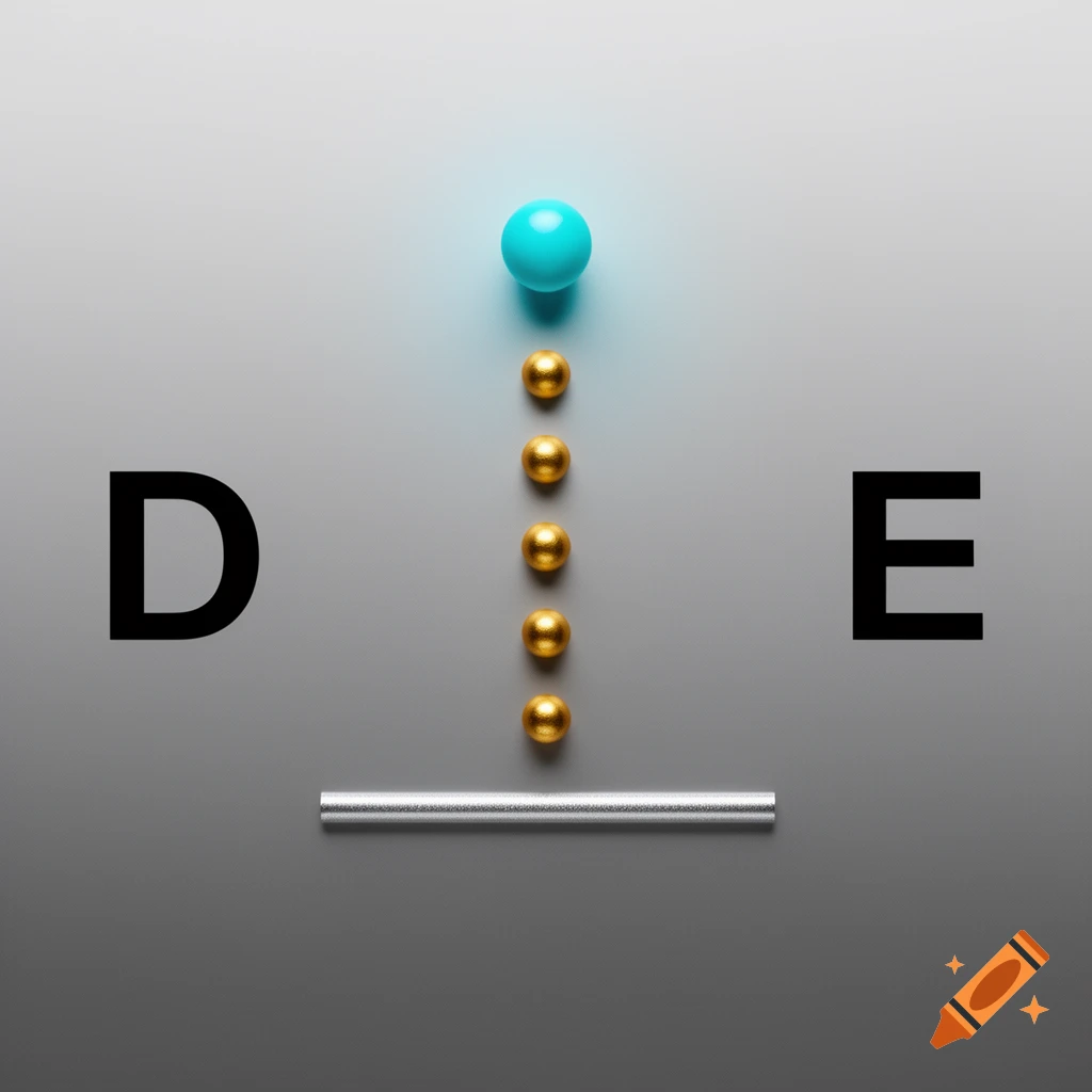 A cyan sphere atop five gold spheres, above a silver line, flanked by a large black D and E on a grey background.
