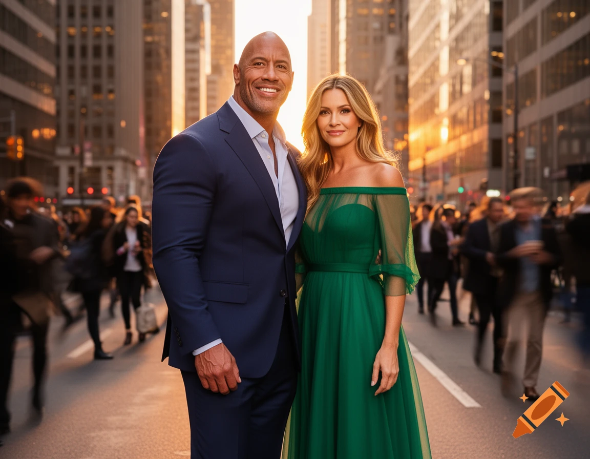Dwayne Johnson in a blue suit and a woman in a green dress smile on a city street at sunset.
