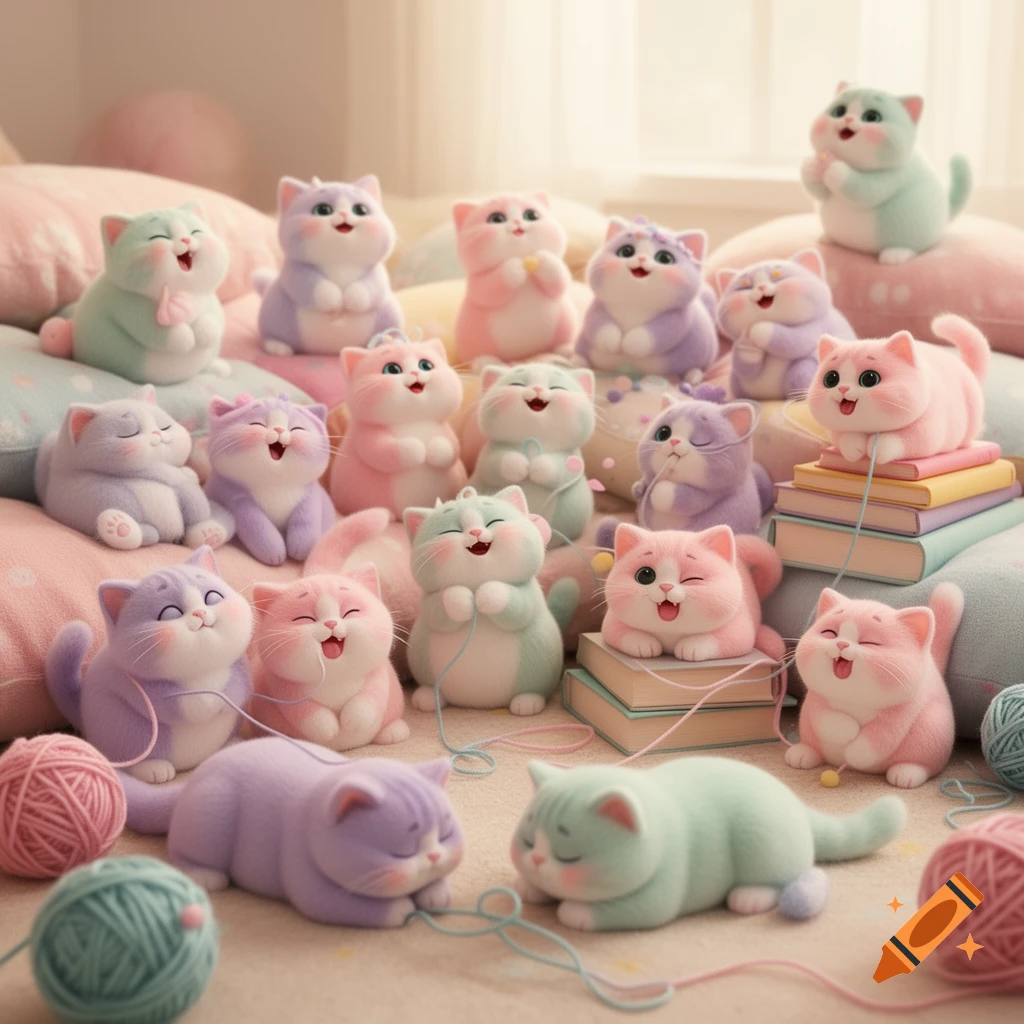 A large group of pastel-colored, cute, chubby cat plushies in various poses, some with yarn balls, on soft pink and blue cushions.