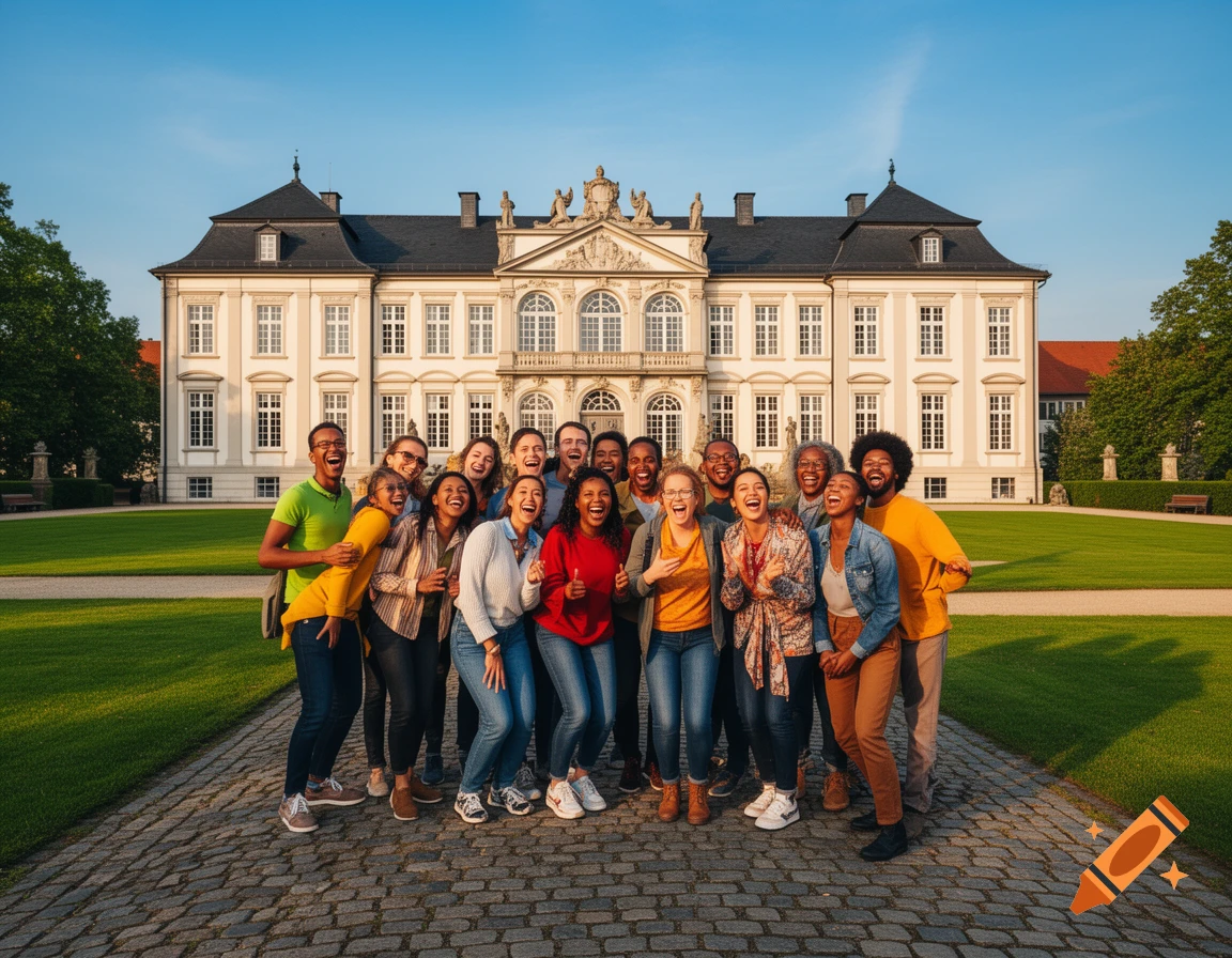 A diverse group of laughing people posing on a cobblestone path in front of a large, ornate white castle.