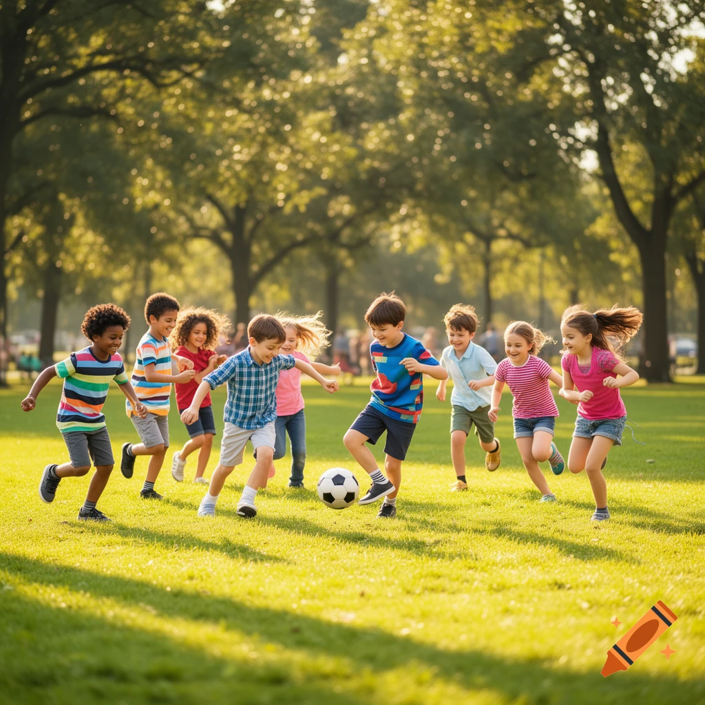 A diverse group of children joyfully playing soccer on a sunny green field in a park, photorealistic style.