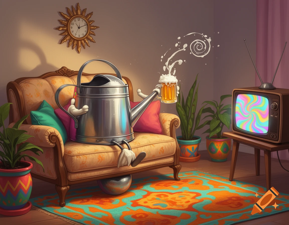 An anthropomorphic watering can with arms and legs relaxes on a couch, holding a mug of beer, watching a psychedelic TV in a cozy living room.