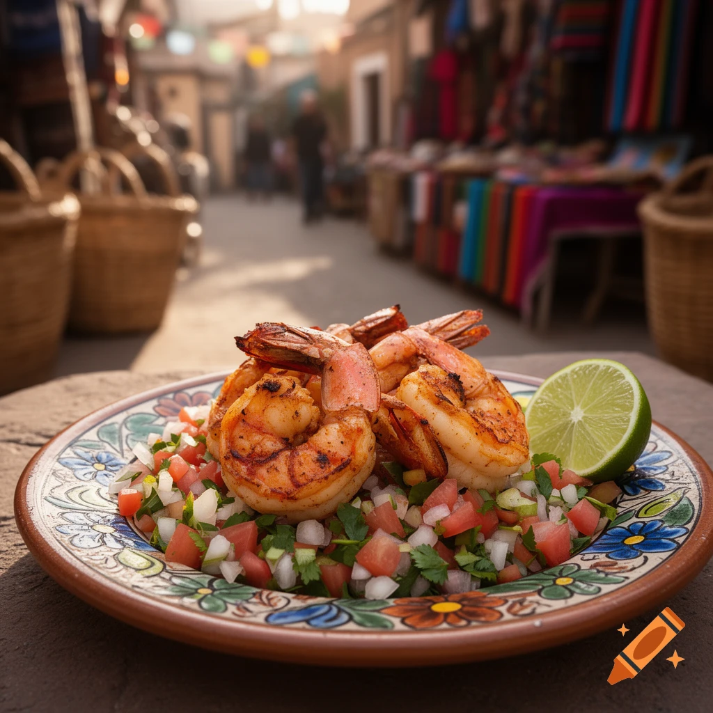 Grilled shrimp on a bed of pico de gallo with a lime wedge, presented on a colorful plate in a vibrant market street.
