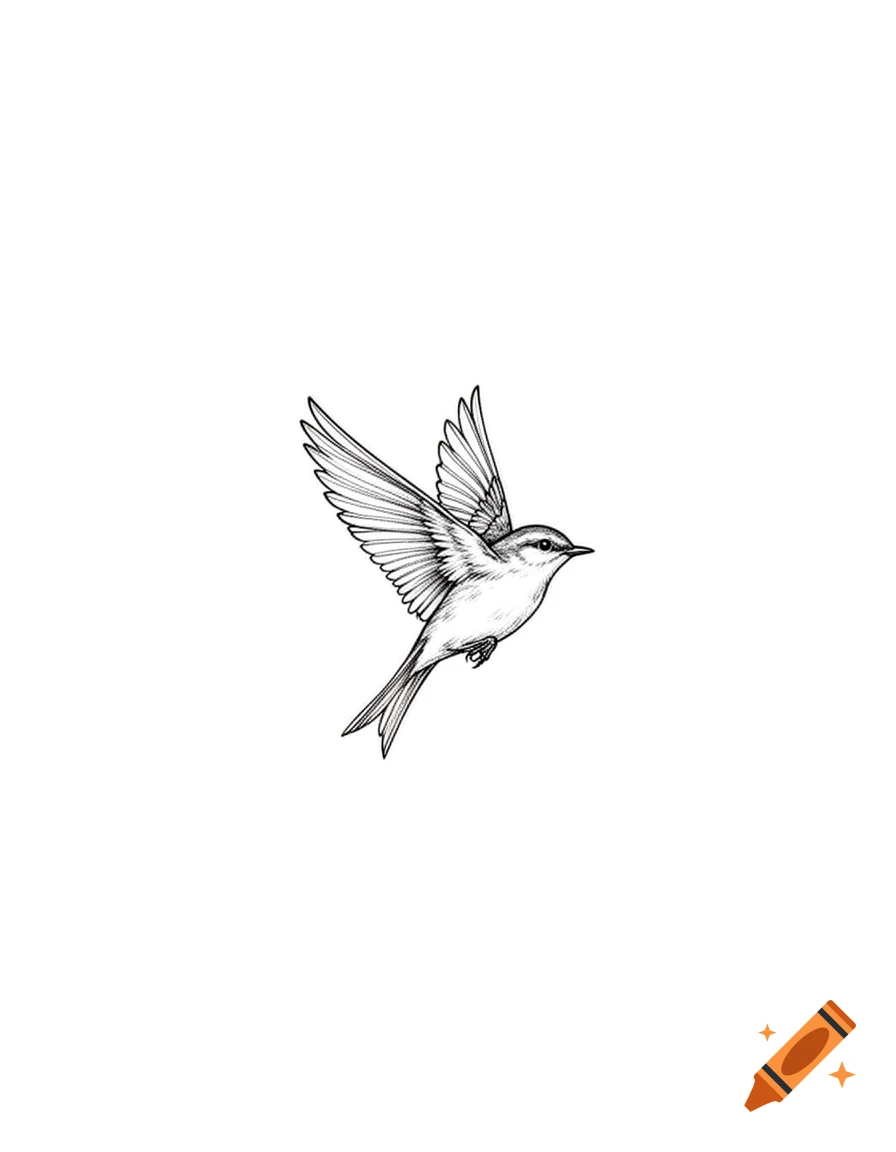 A fine line black and white drawing of a small bird in flight against a white background.