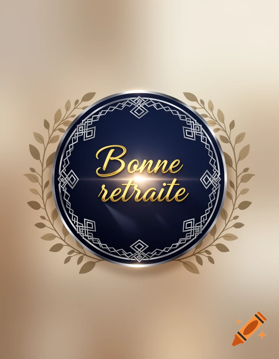 A decorative circular badge with silver and gold accents, featuring the golden text 'Bonne retraite' on a dark blue background, surrounded by subtle leafy branches.