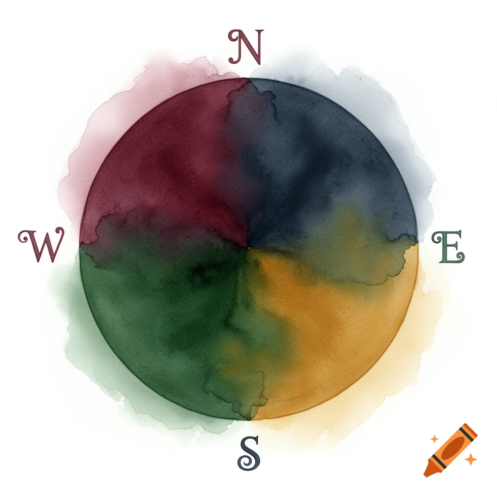 A watercolor compass rose with sections of maroon, dark blue, green, and mustard, marked N, E, S, W.