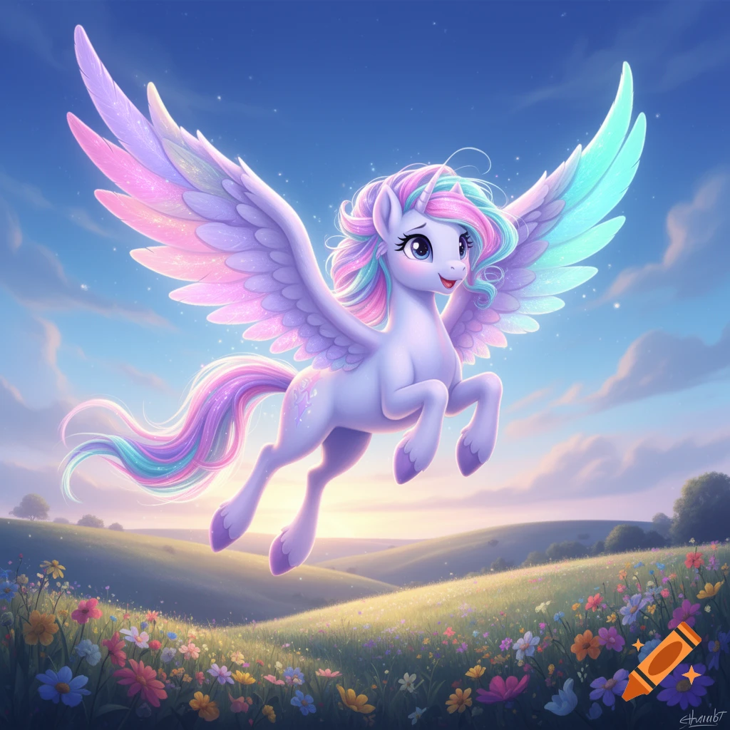 A cartoon Pegasus with a rainbow mane and sparkling wings gracefully flies over a colorful flower field under a bright blue sky.