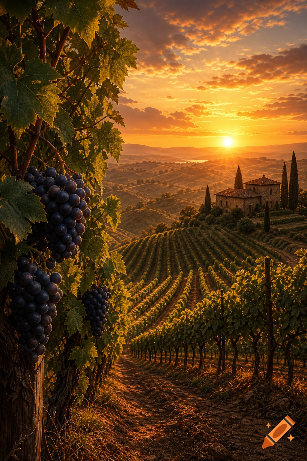 Photorealistic vineyard landscape at golden hour, with ripe dark grapes in the foreground and a Tuscan-style house on a distant hill.