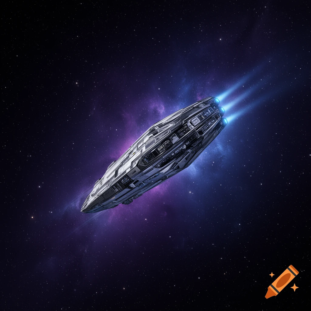 A detailed, futuristic spaceship with glowing blue thrusters flies through deep space with a purple and blue nebula background.
