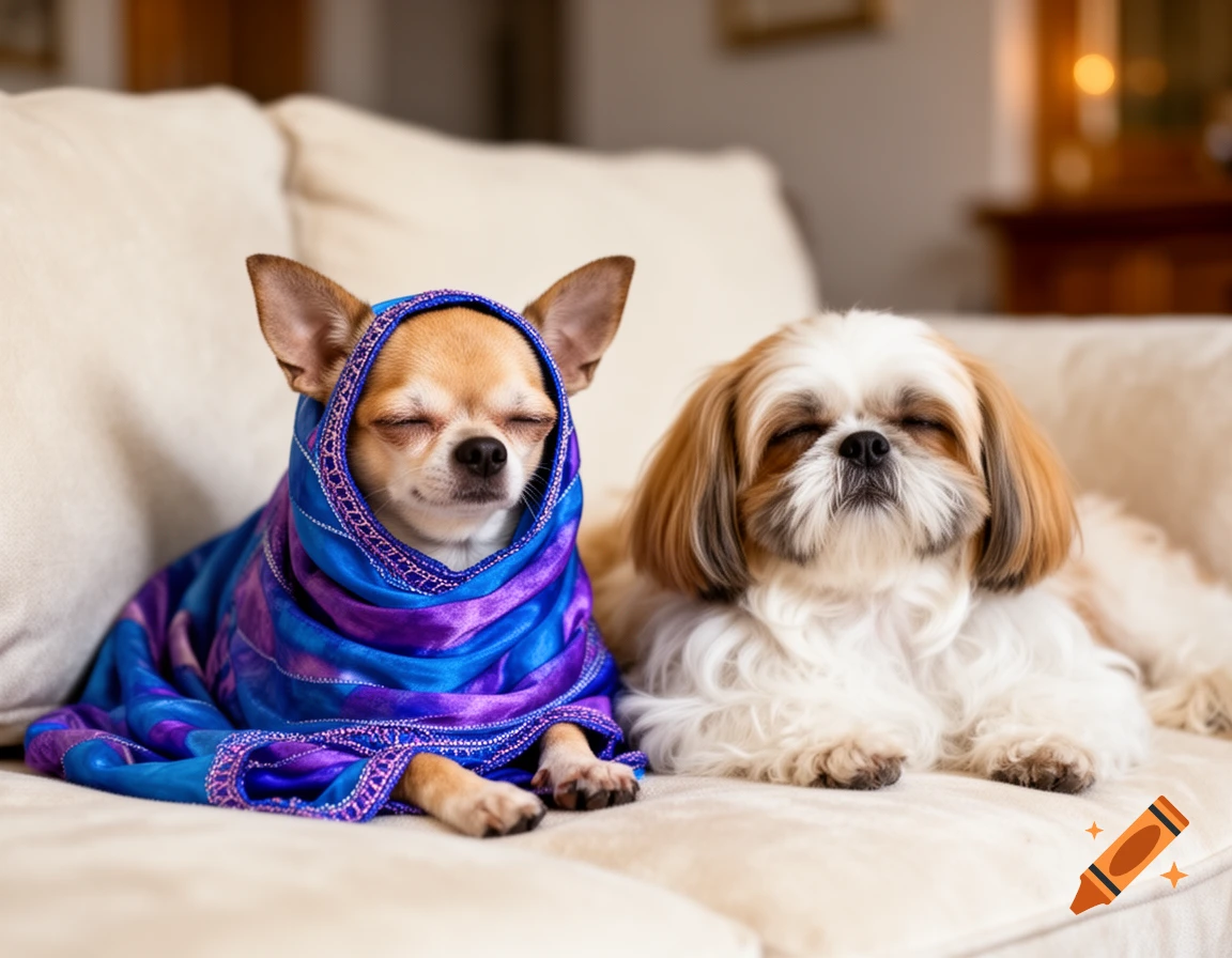 A chihuahua wrapped in blue and purple fabric lies with its eyes closed beside a shih tzu on a beige couch.