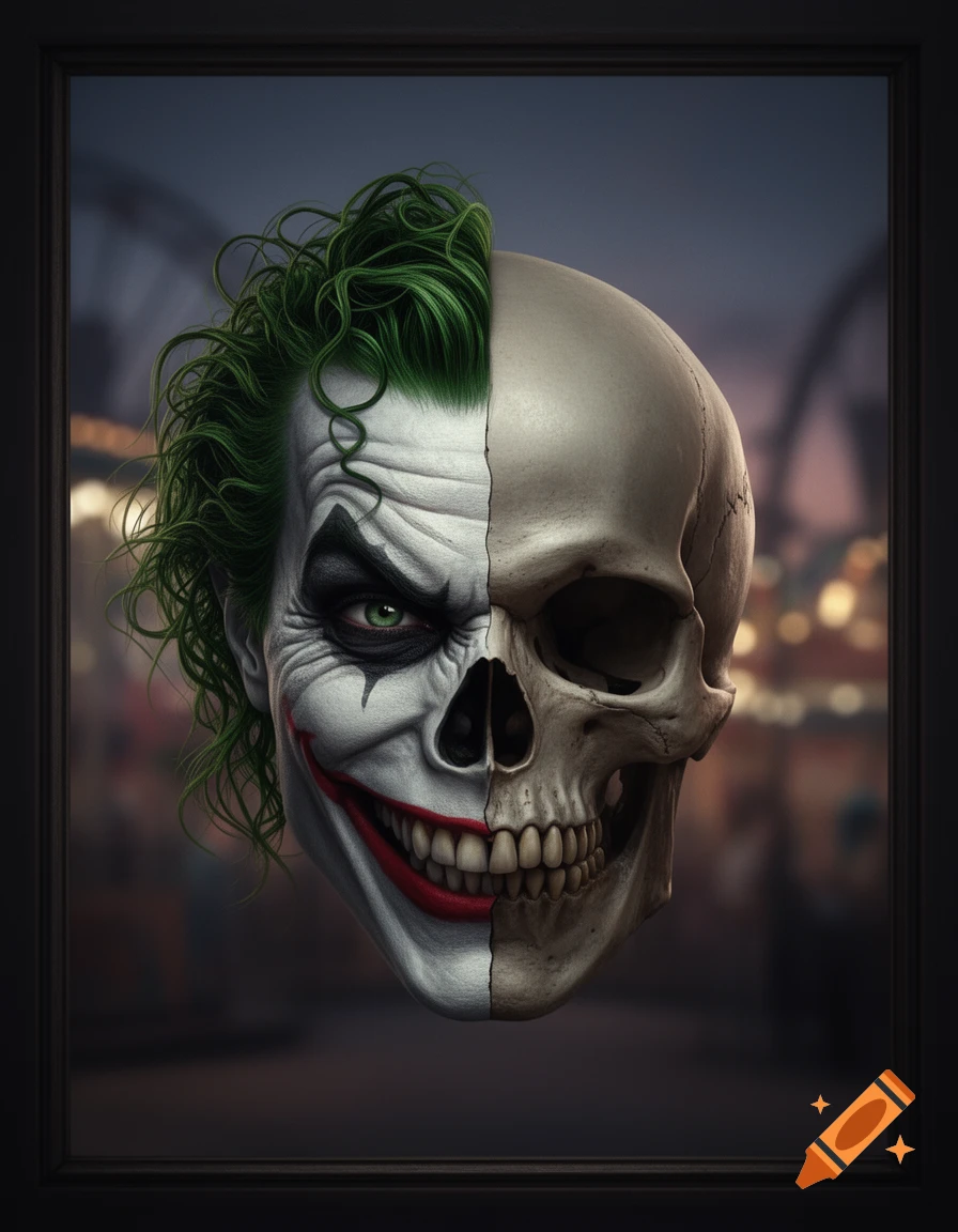 A digital art portrait of a face split between the Joker and a human skull, framed, with a blurred amusement park in the background.