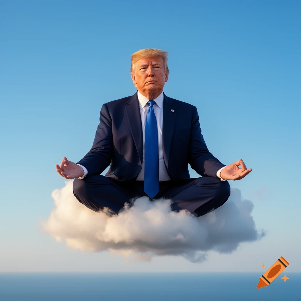 Photorealistic Donald Trump in a suit meditating in lotus position, floating on a cloud above the ocean.