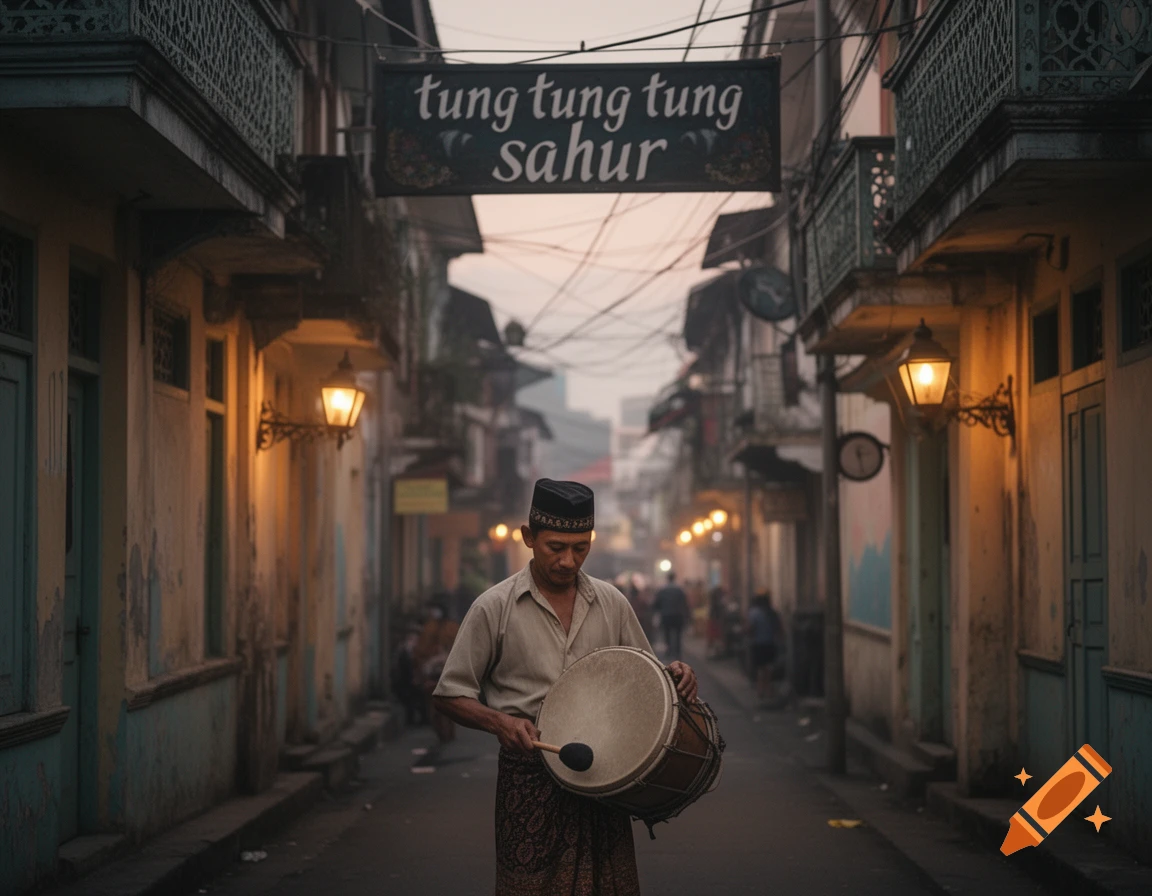 A man in a peci hat and sarong beats a drum in an old street with lanterns and a sign reading "tung tung tung Sahur" at dusk.
