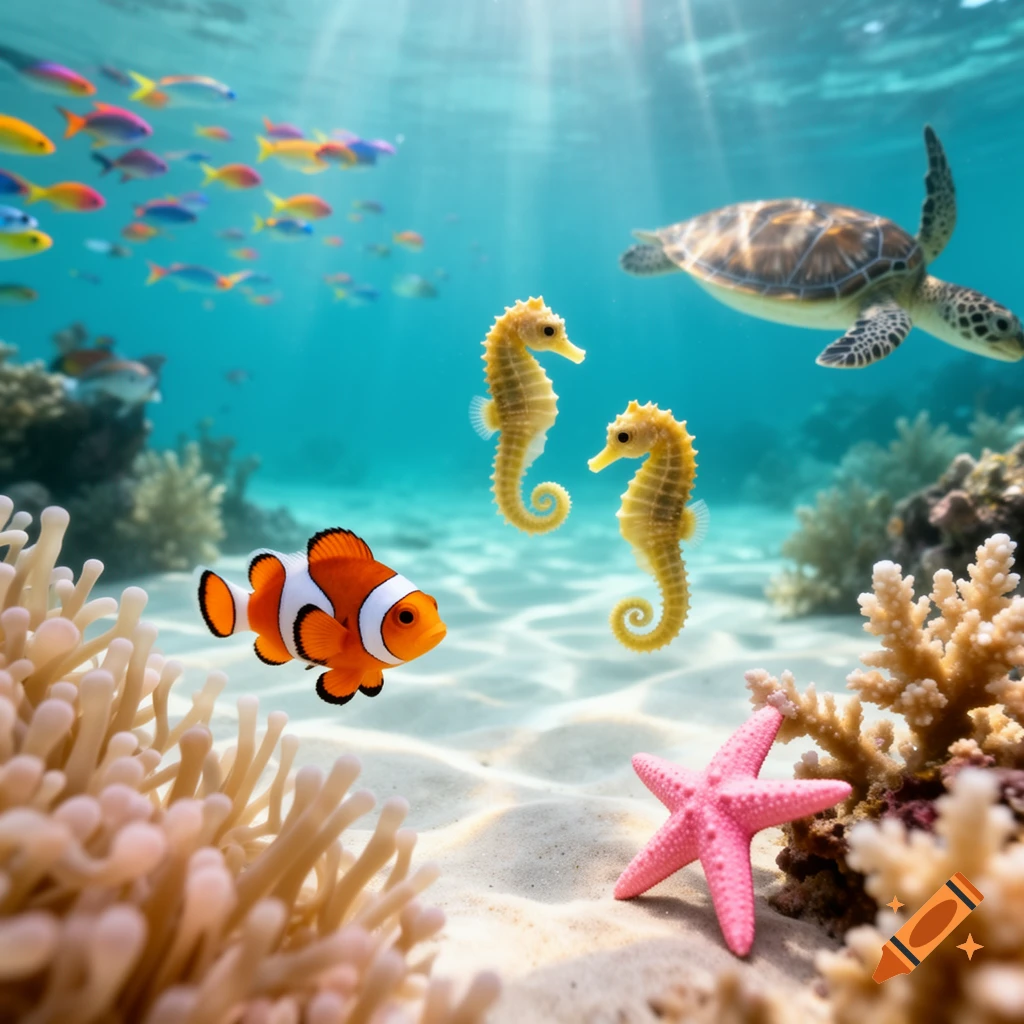 Photorealistic underwater scene with a clownfish, two seahorses, a sea turtle, a pink starfish, and coral.