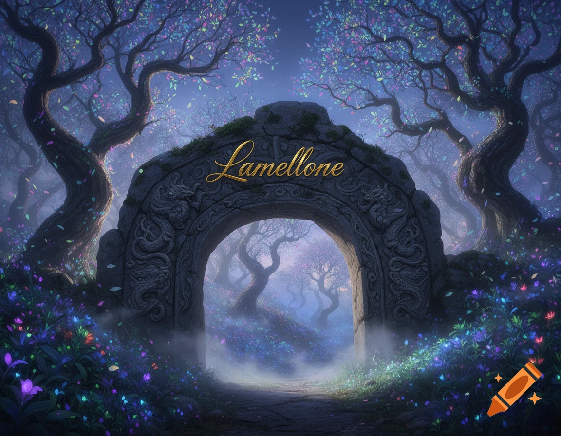 A magical fantasy forest at night with glowing flowers, twisted trees, and a stone archway inscribed with 'Lamellone' leading into a misty path.