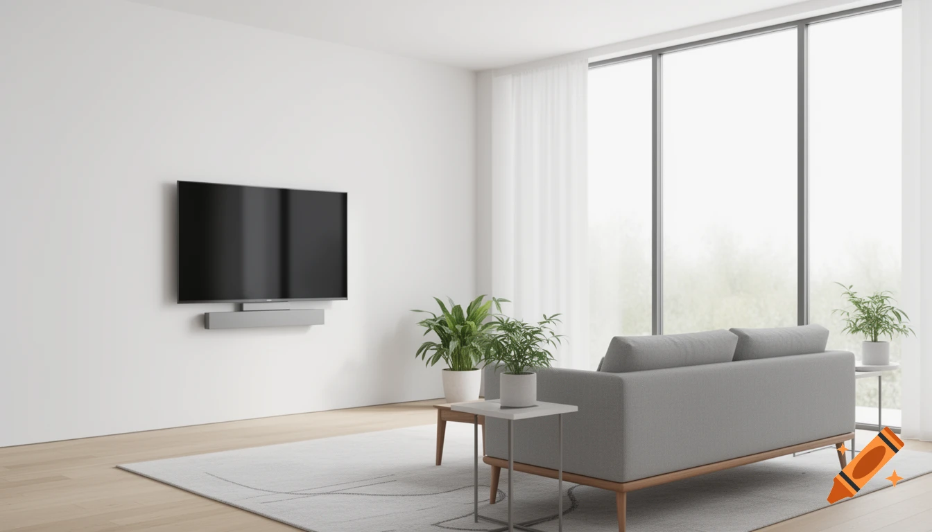 A modern minimalist living room with a wall-mounted TV and soundbar, a gray sofa, houseplants, and large windows.