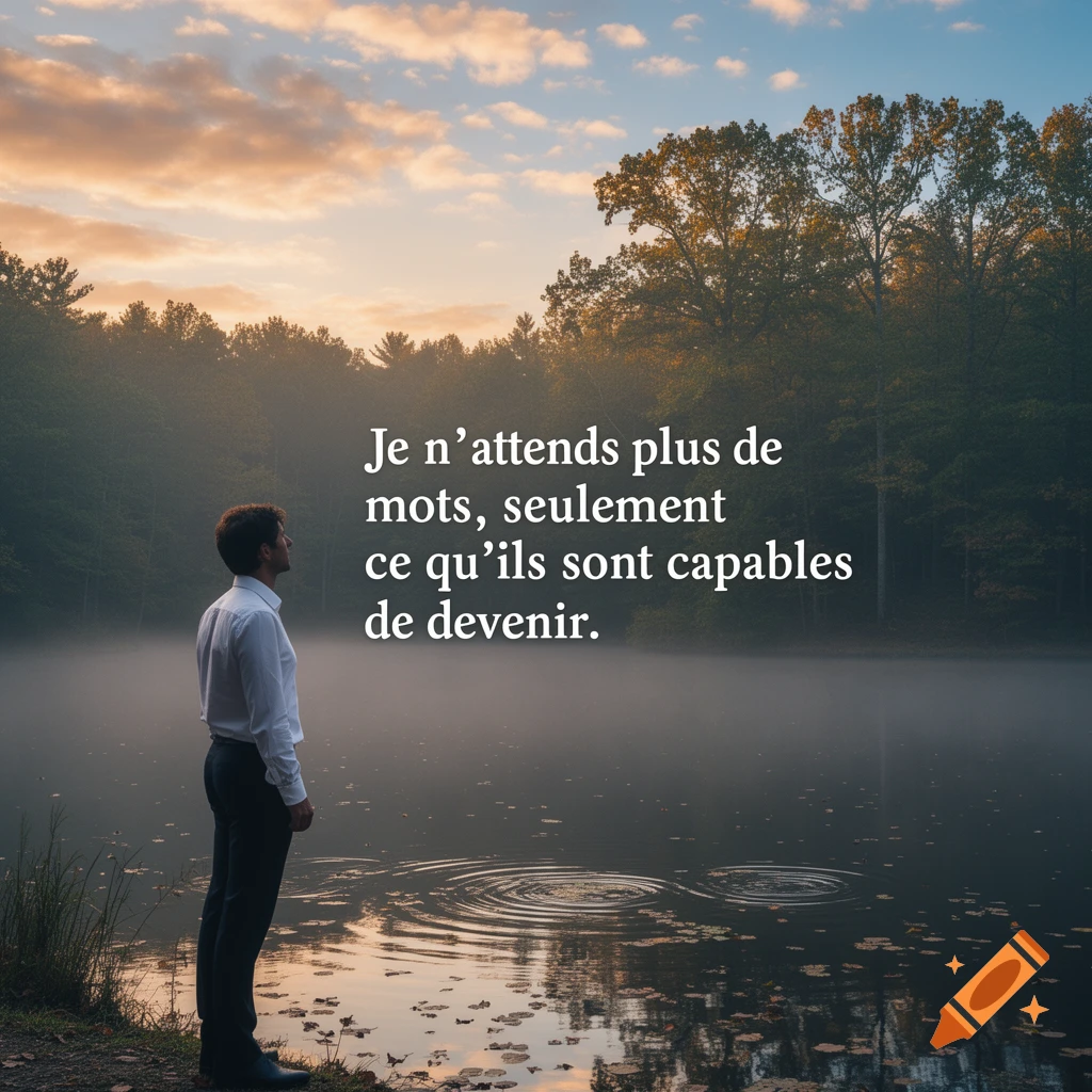 A man in a white shirt and dark pants stands by a misty lake with trees under a sunset sky, with a French quote overlay.