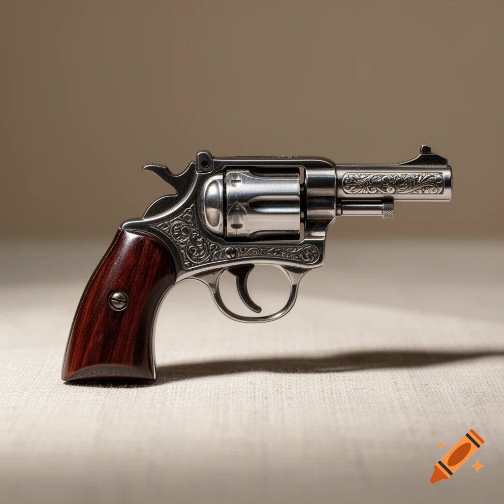 A detailed, polished silver revolver with dark wooden grips and ornate engravings, resting on a light beige textured surface.