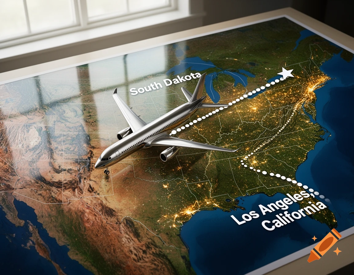 A silver toy airplane on a detailed map of the United States, showing a dotted flight path from South Dakota to Los Angeles, California, with city lights visible.