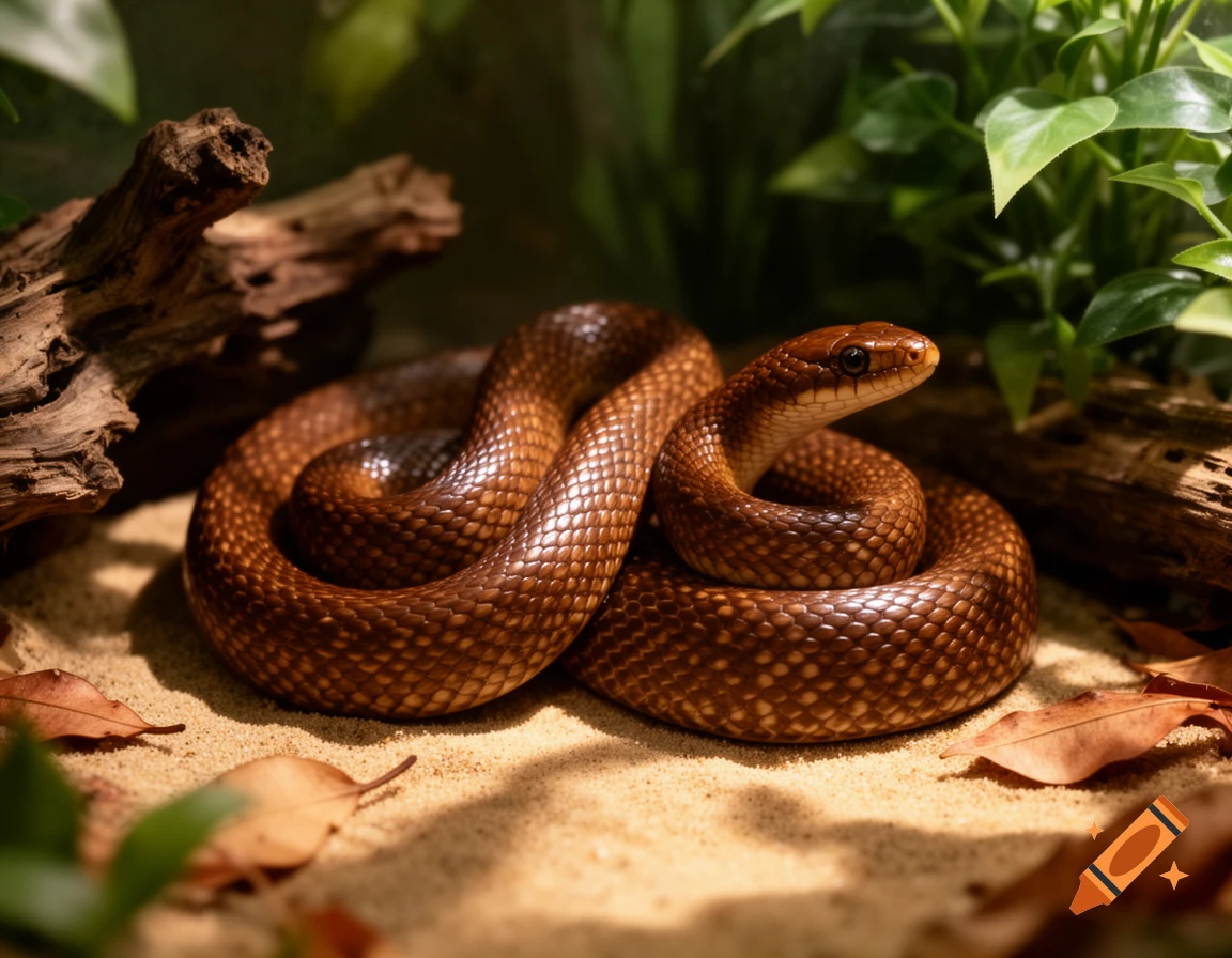 A realistic brown snake, coiled on sand, in a terrarium with driftwood and green foliage.