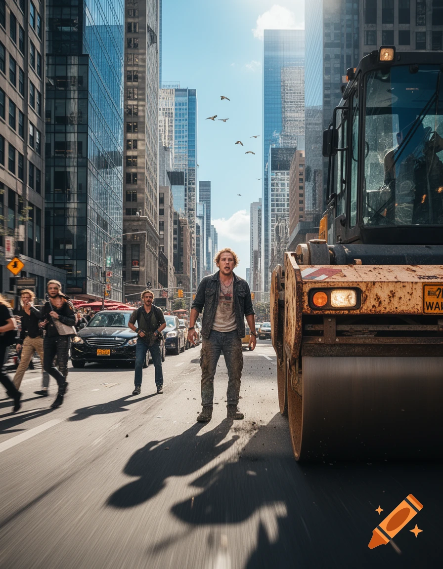 A man with red hair stands in the middle of a busy city street, looking distressed, while a large road roller approaches from the right. Skyscrapers tower under a bright sky.