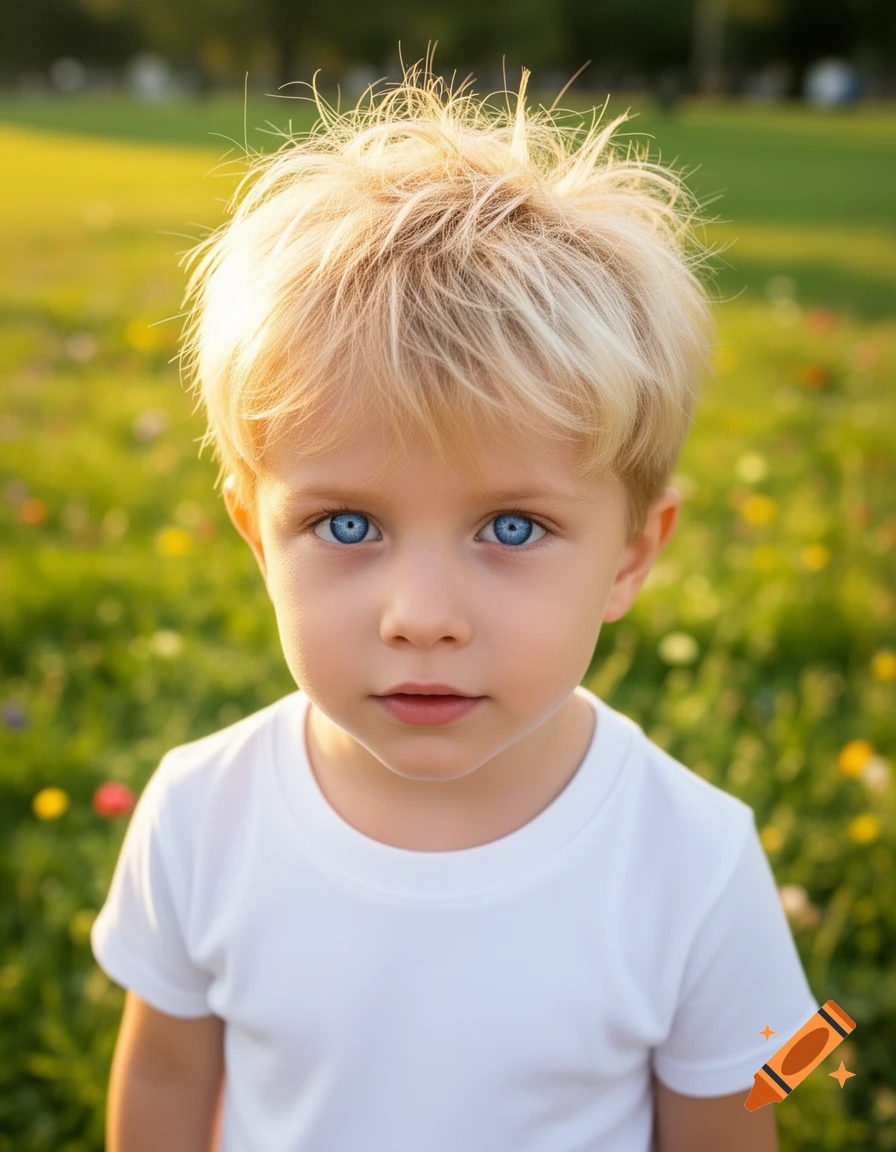 Close-up photorealistic portrait of a young boy with blond hair and bright blue eyes, wearing a white t-shirt in a sunny green field.
