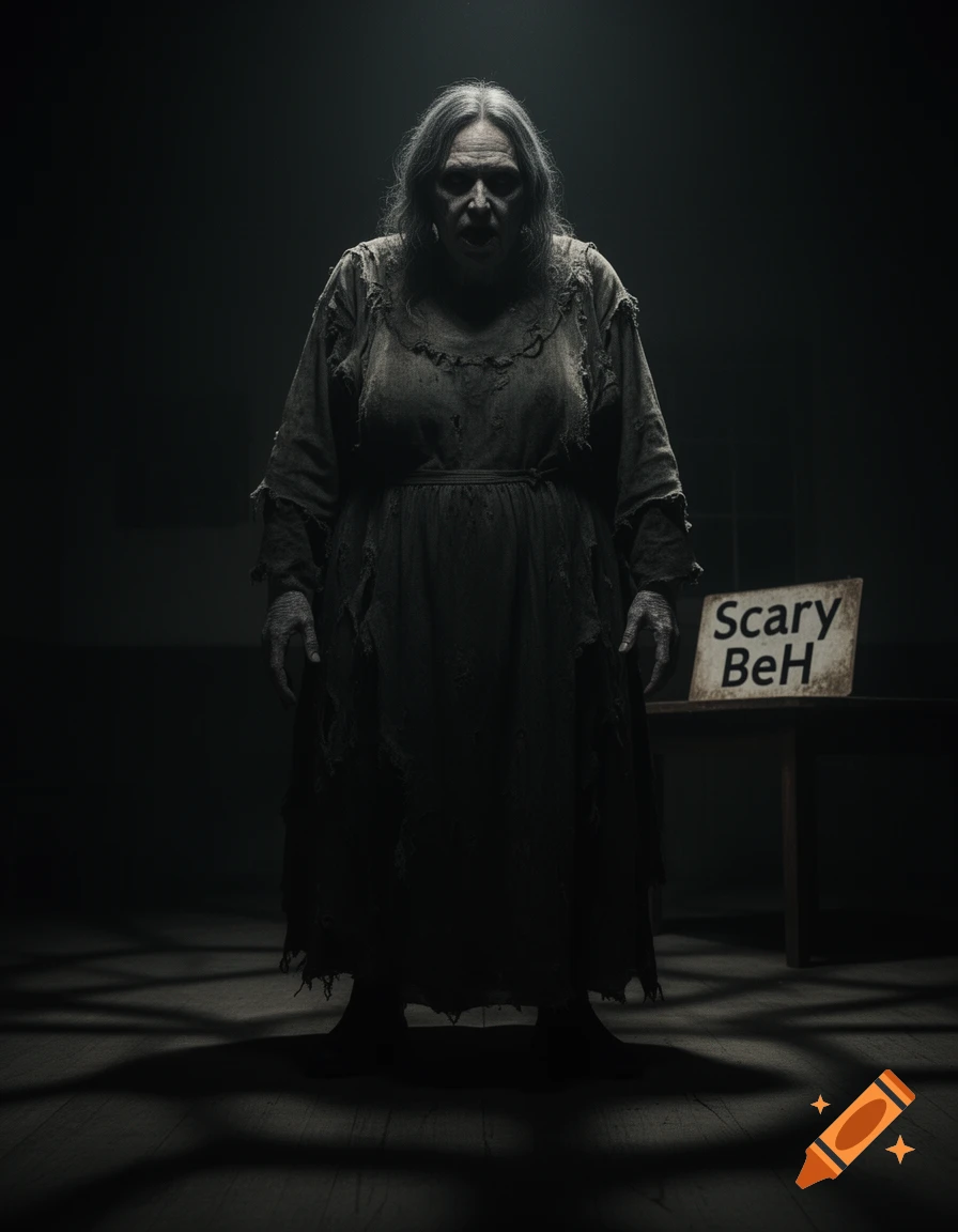 A scary old woman in a tattered dress stands in a dark room with a sign reading "Scary BeH".