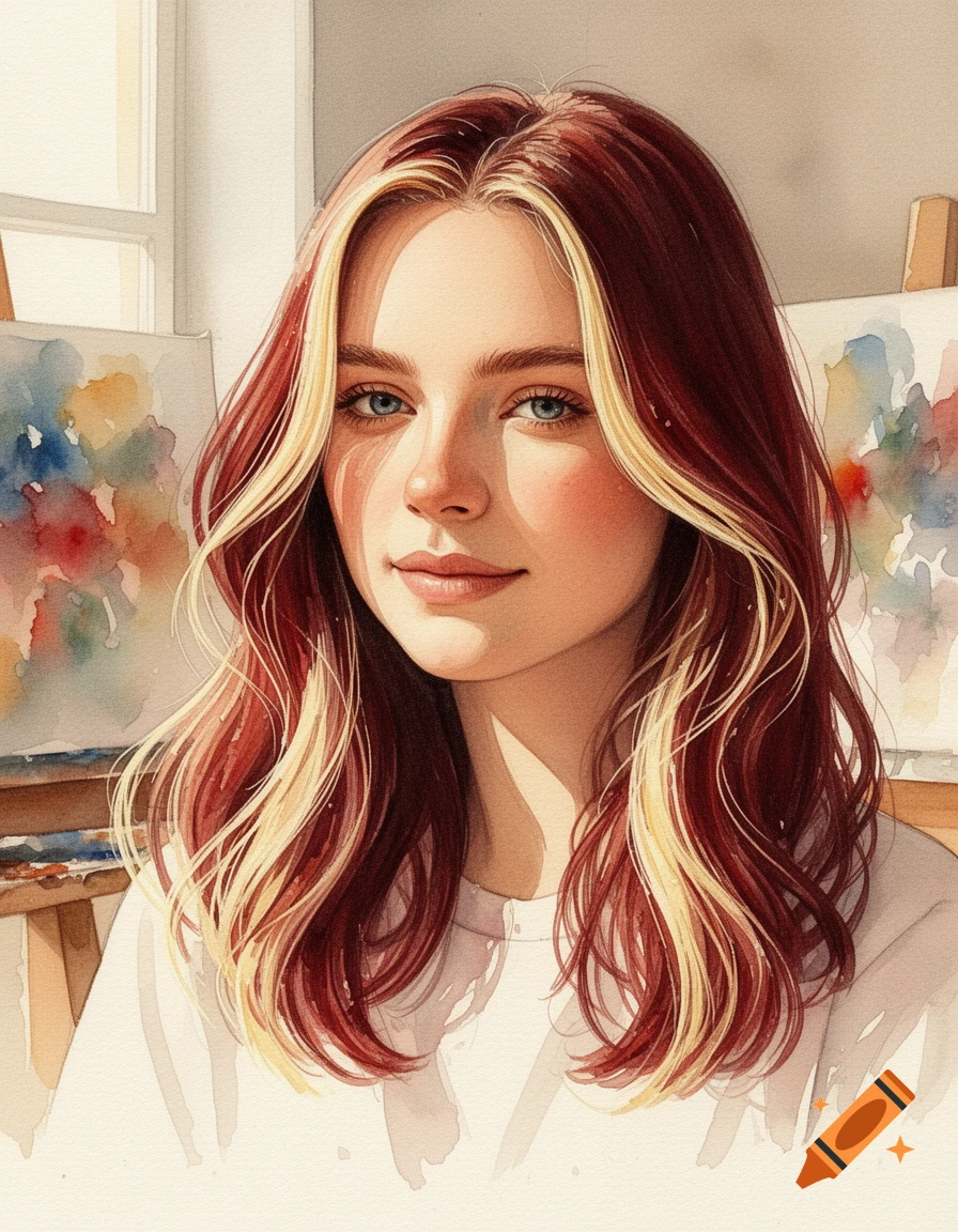 Watercolor portrait of a young woman with red and blonde streaked hair and blue eyes, smiling softly in an artist's studio.