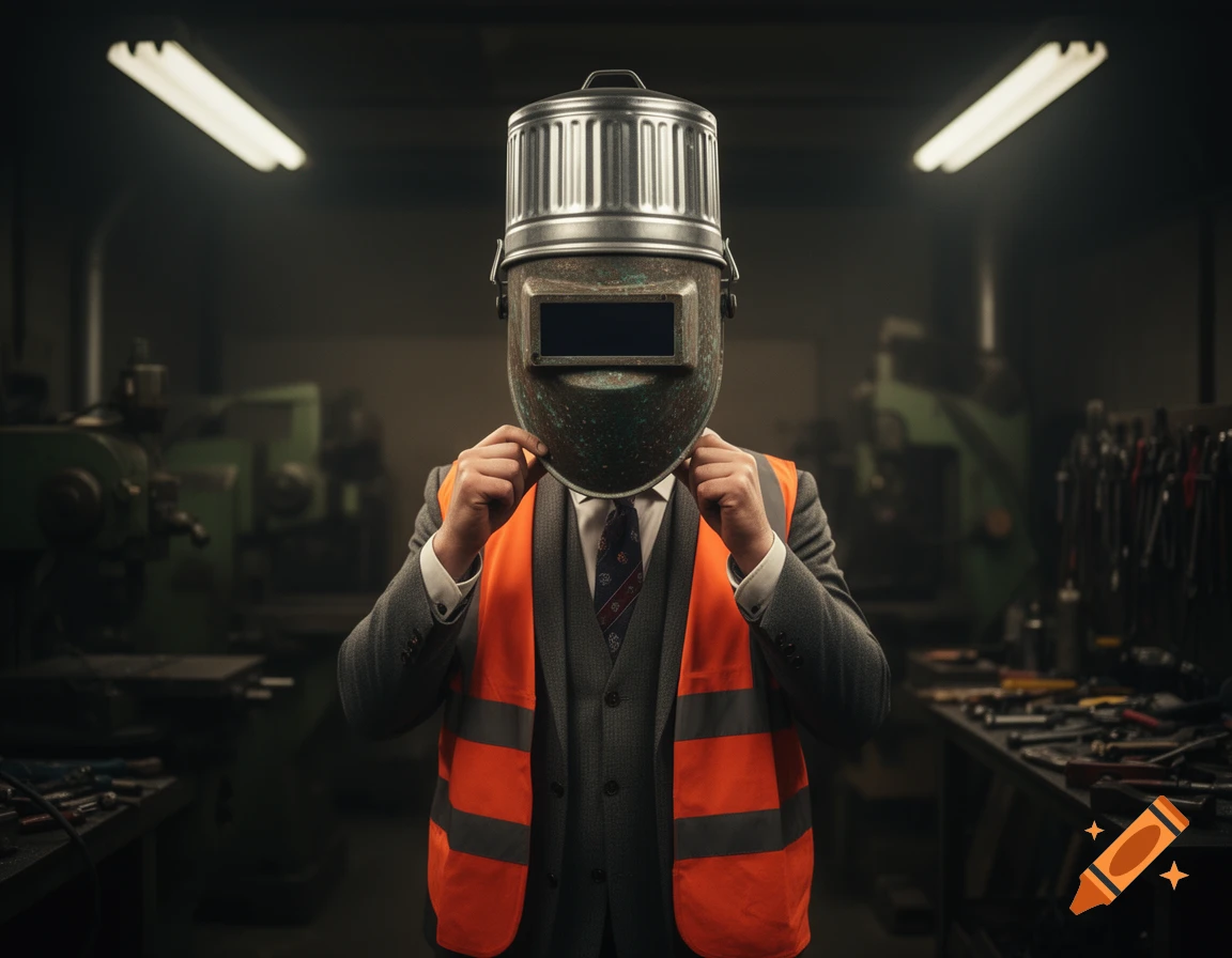 A person in a suit and orange safety vest holds a welding mask with a trash can on top in a workshop, photorealistic.