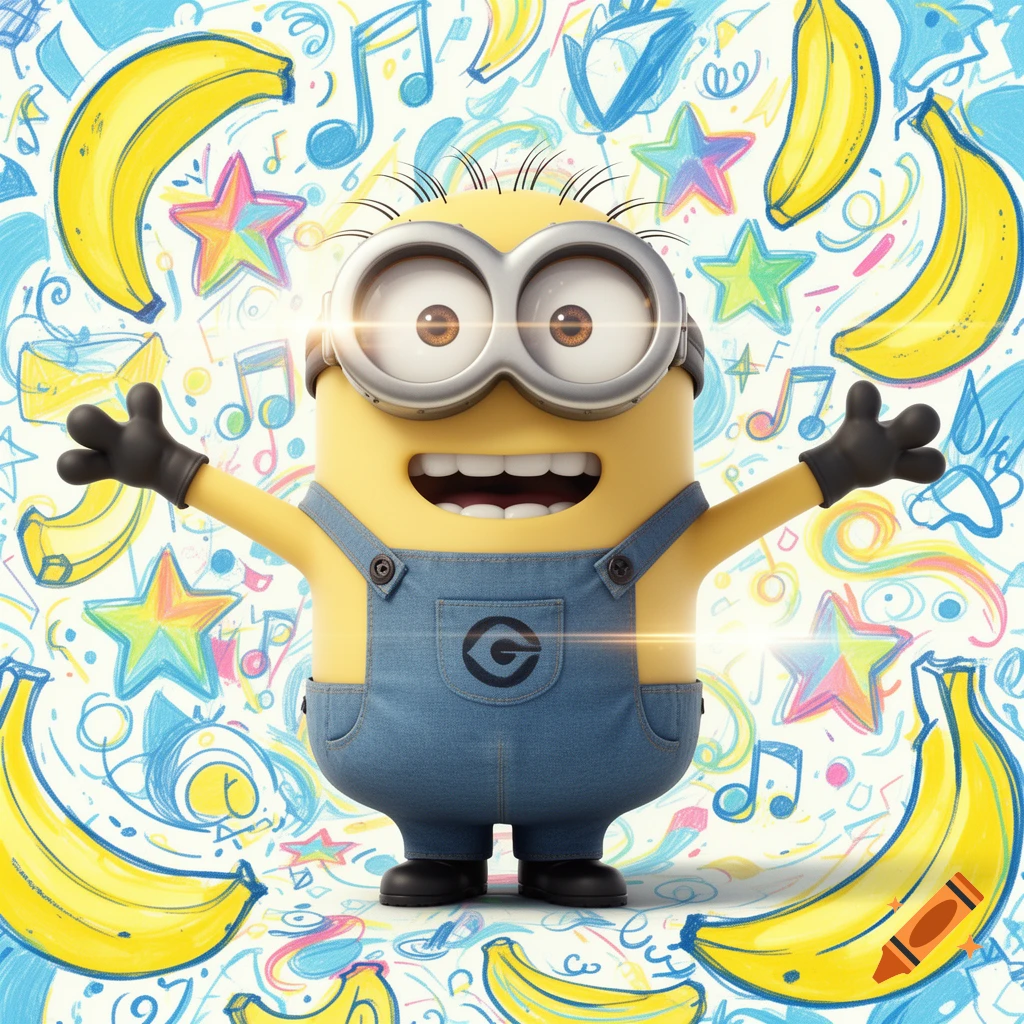 A joyful Minion in denim overalls with arms wide open, surrounded by flying bananas, colorful stars, and musical notes on a scribbled background.
